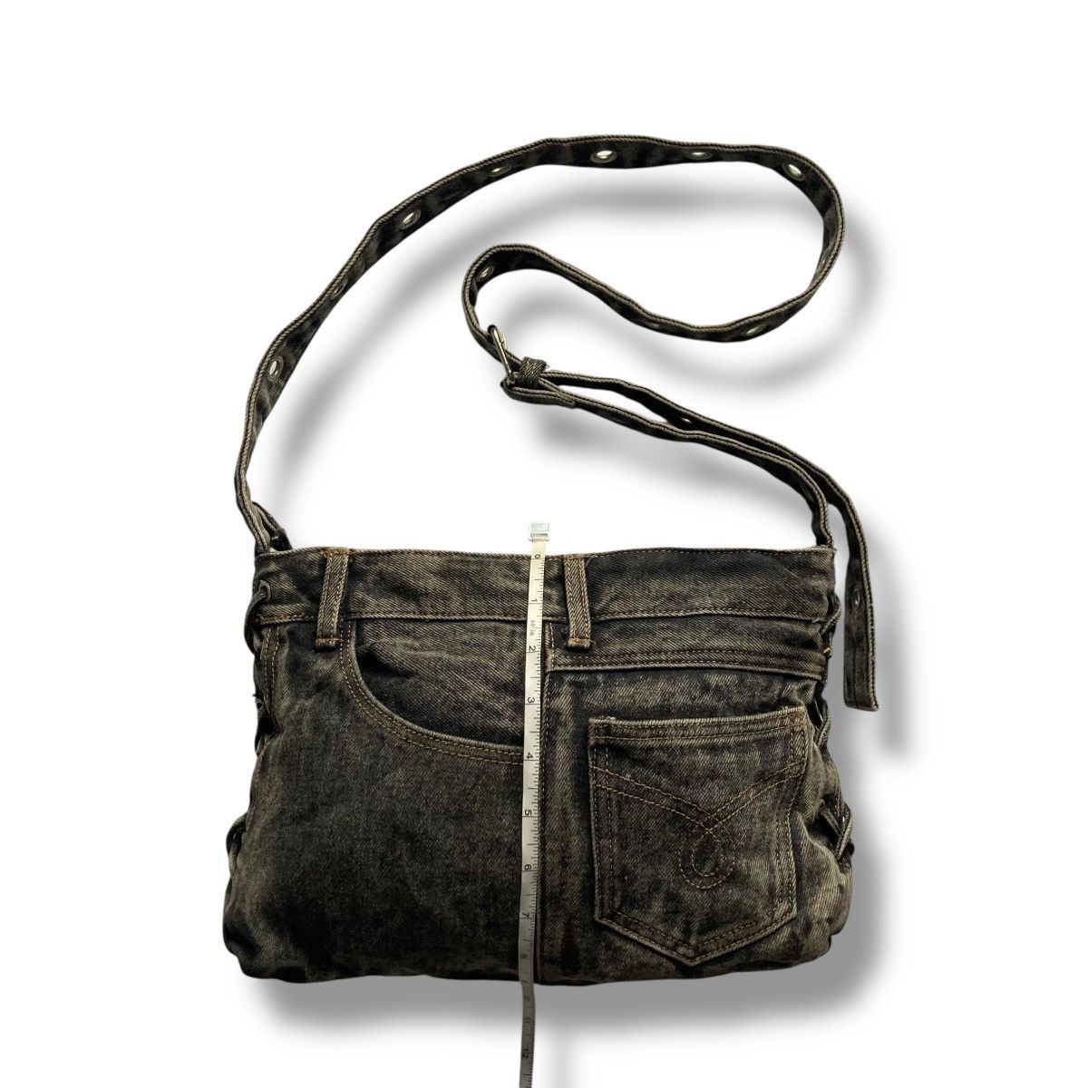 Le Grande Bleu (L.G.B.) Y2K HANDMADE 9 POCKETS LACE UP WASHED DENIM SLING BAG Size ONE SIZE - 1 Thumbnail