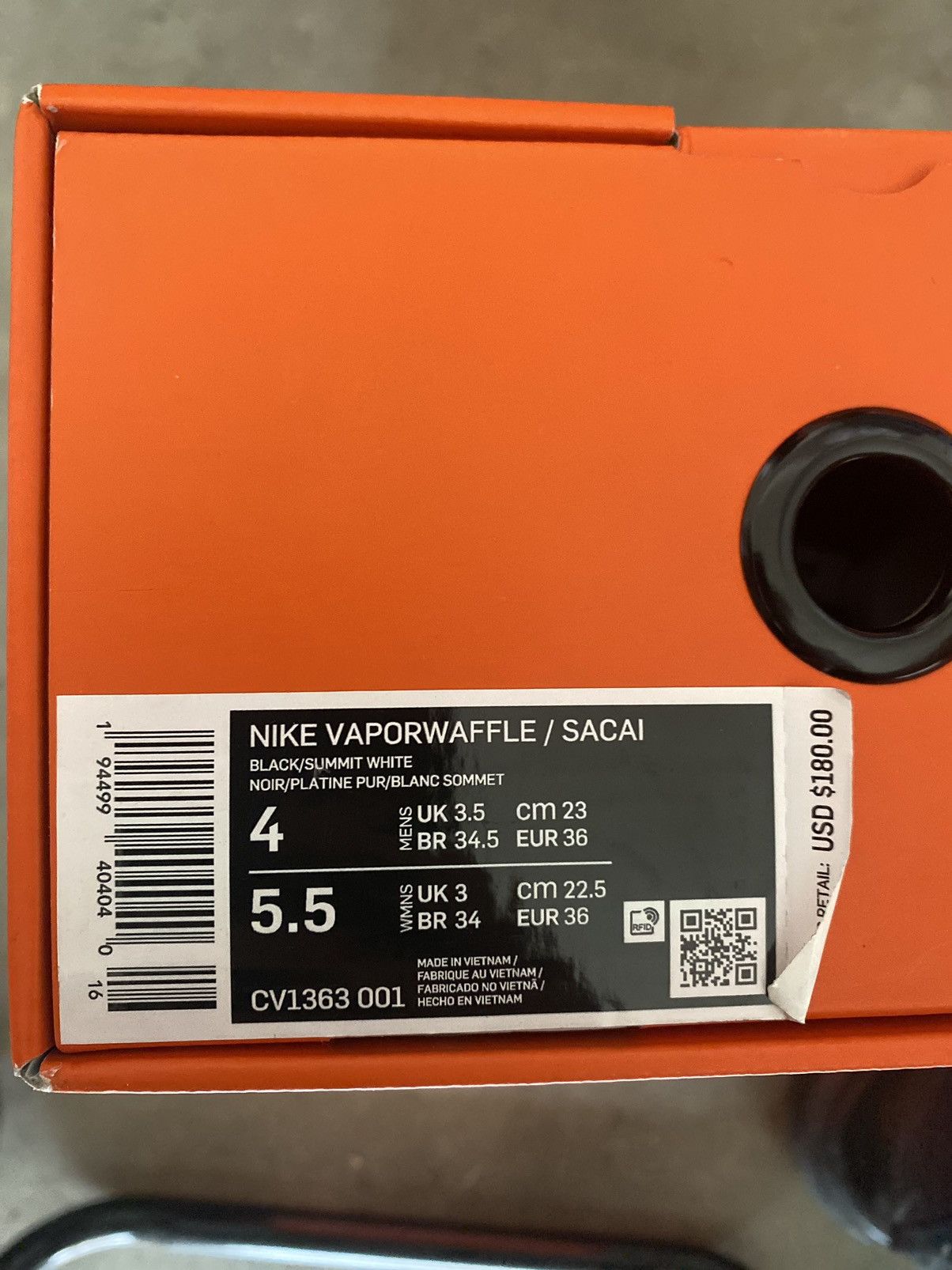 y Size 4 Nike Sacai Vaporwaffle Black