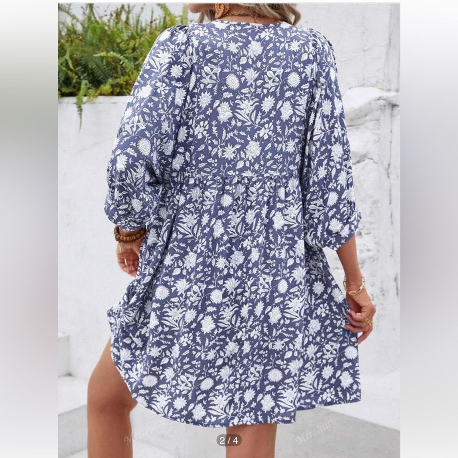 Shein Floral Blue and White Rayon Dress Size XL / US 12-14 / IT 48-50 - 7 Thumbnail