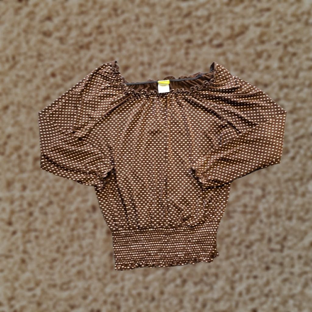 Vintage Acorn Top Womens L Brown White Polka Dot Long Sleeve Blouse Casual Capsule Regular Fit Cotton Square Neck Pullover Shirt Size L / US 10 / IT 46 - 1 Thumbnail