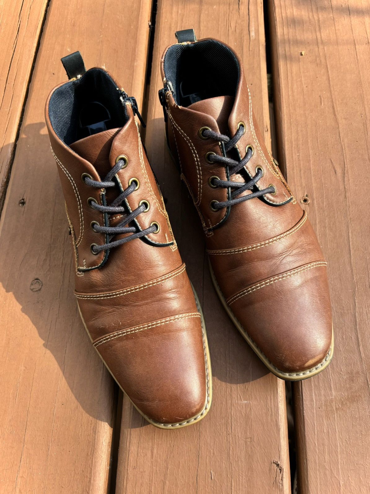 Apt. 9 × Designer Brown Leather Ankle Boots Apt 9 Cap Toe Zipper Cognac & Navy Size US 8 / EU 41 - 3 Thumbnail