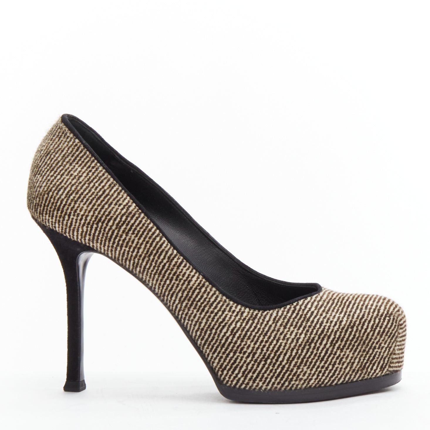 Saint Laurent Paris YVES SAINT LAURENT Tribtoo brown wool tweed platform heel pump EU37.5 Size US 7.5 / IT 37.5 - 1 Thumbnail