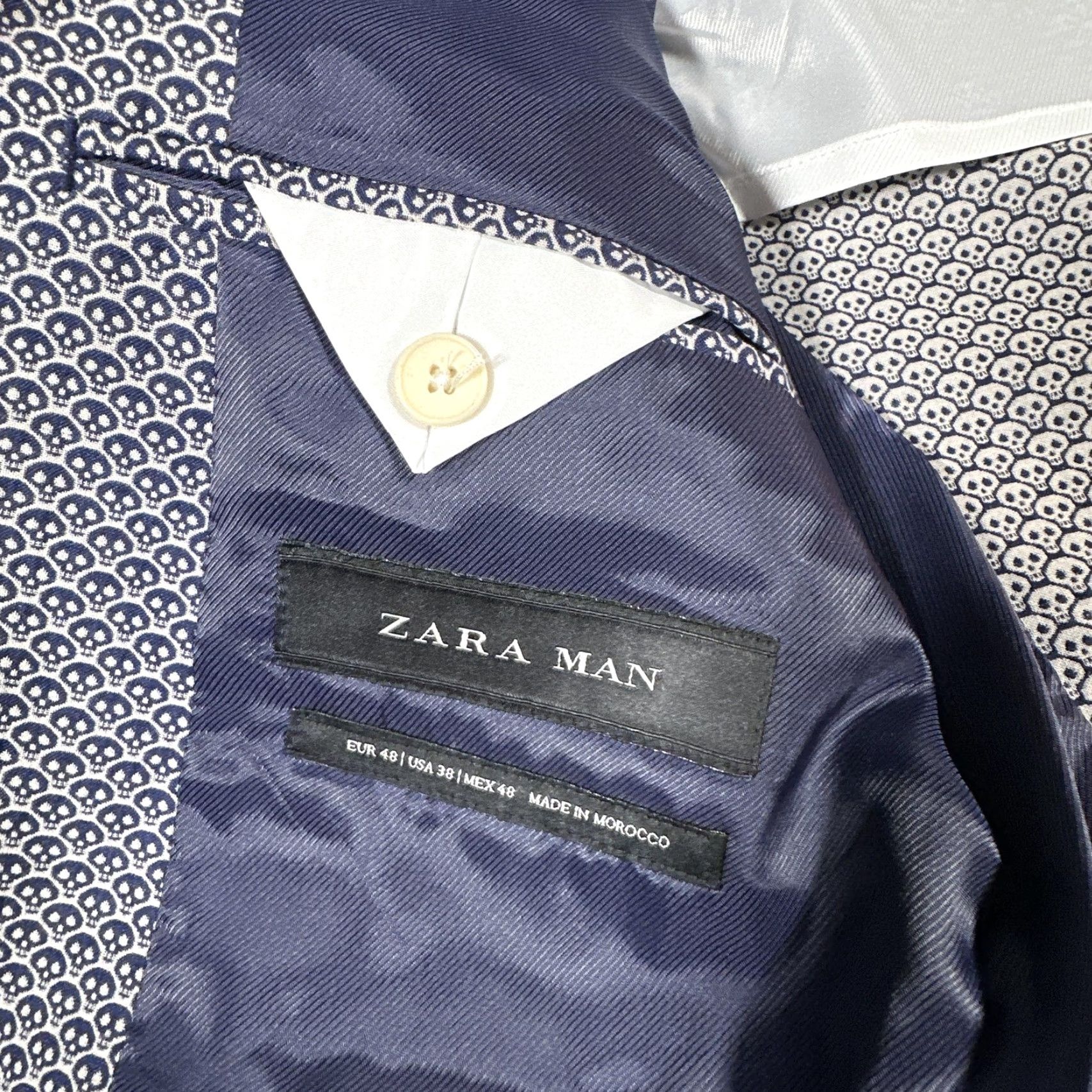 Zara ZARA MAN Blazer Mens 38 Skull Print Navy Blue Sport Coat Jacket Two Button Lined Notch Lapel Slim Regular Size 38R - 7 Thumbnail