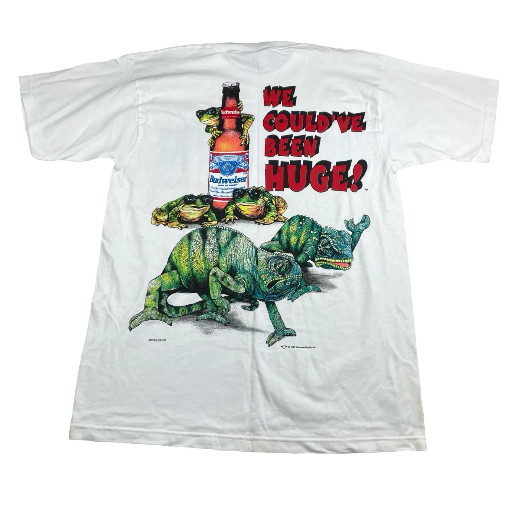 Gildan VINTAGE Budweiser We Could've Been Huge! Frogs Iguana T-Shirt White Medium Mens Graphic Tee 1990s 90s Logo Double-Sided Size US M / EU 48-50 / 2 - 4 Thumbnail