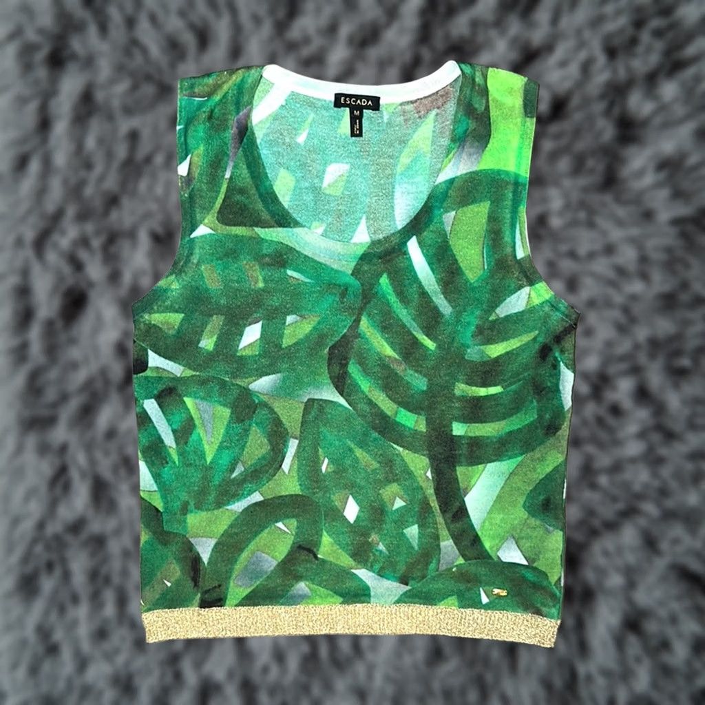 Escada ESCADA Green Leaf Viscose Blend Sleeveless Top Medium Tank Women XS? Size M / US 6-8 / IT 42-44 - 1 Thumbnail
