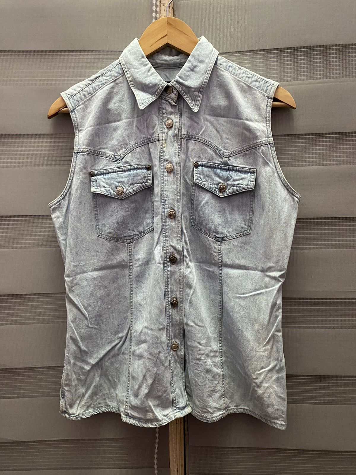 Versace Blue La Greca Medusa Denim Sleeveless Jacket