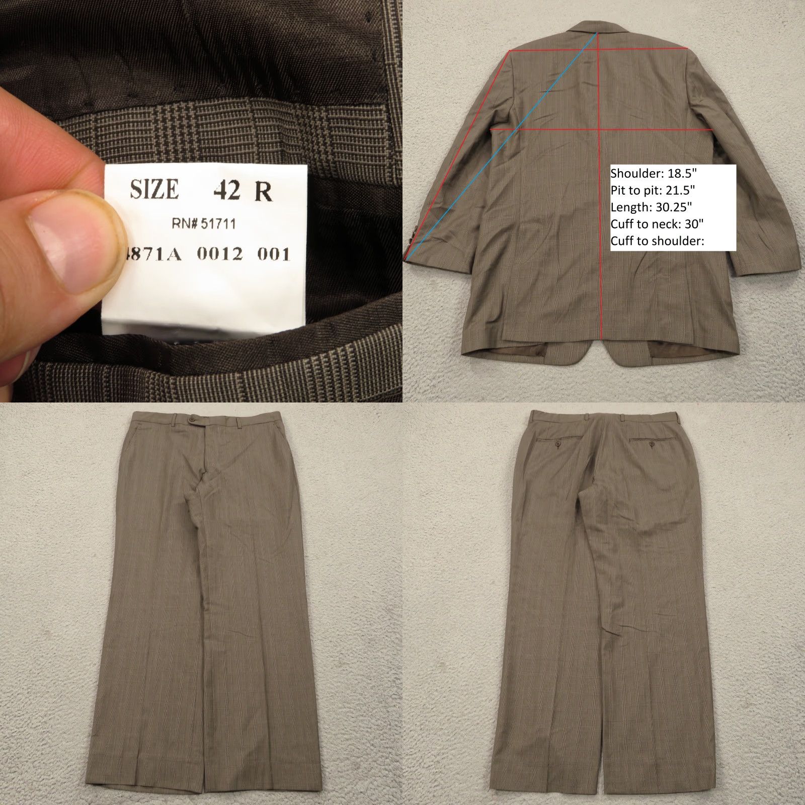 John Varvatos VINTAGE John Varvatos Suit 42R Super 120s Worsted Wool Glencheck Jacket 34x30 Trousers Size US 42 / EU 58 - 9 Thumbnail