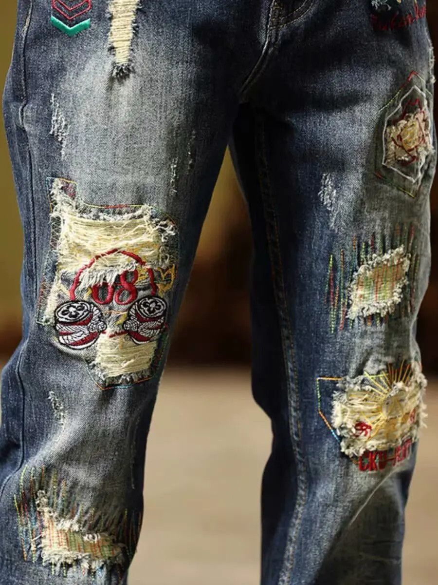 Japanese Brand Retro loose wide leg straight leg ripped jeans Size US 32 / EU 48 - 3 Thumbnail