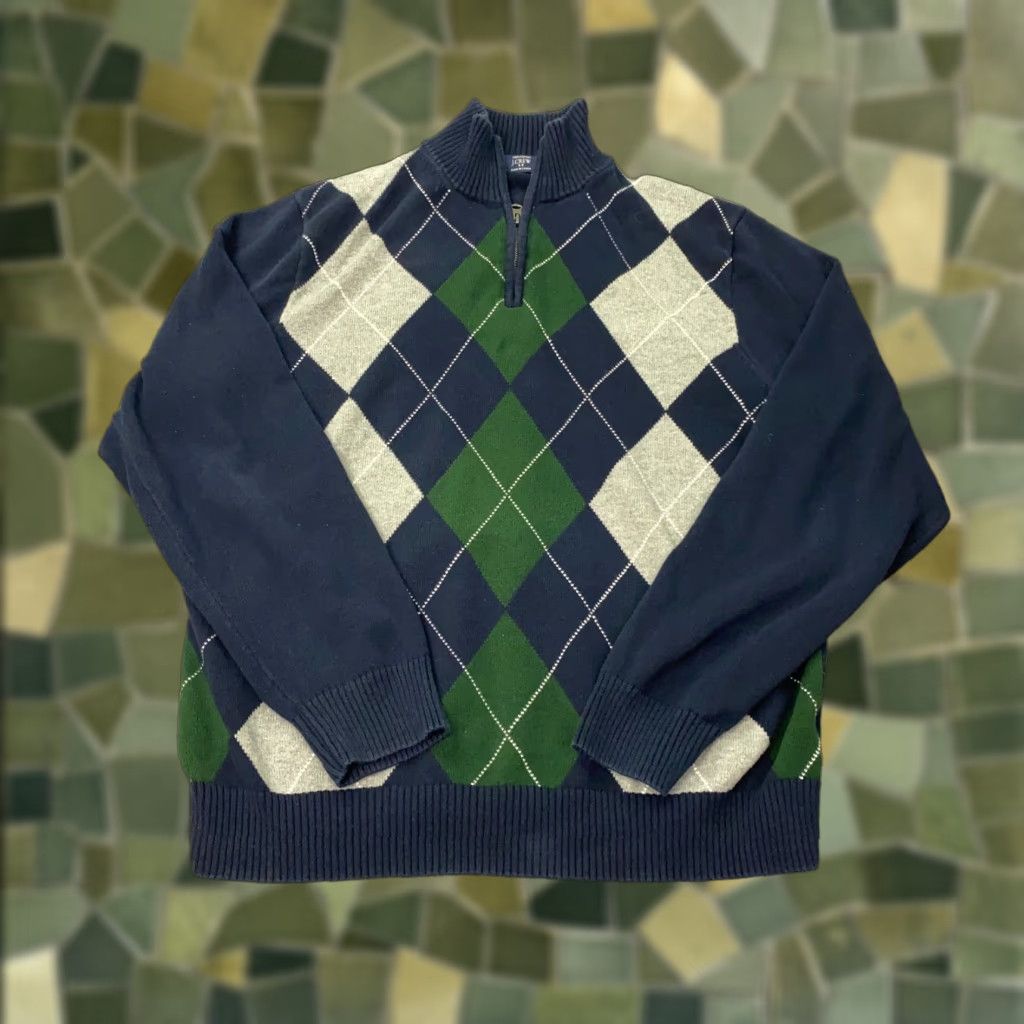 J.Crew J.CREW Mens Sweater Pullover 1/4 Zip Mock Neck Long Sleeve Large Blue Argyle Knit Cotton Modern Fit Mens Size US L / EU 52-54 / 3 - 1 Thumbnail