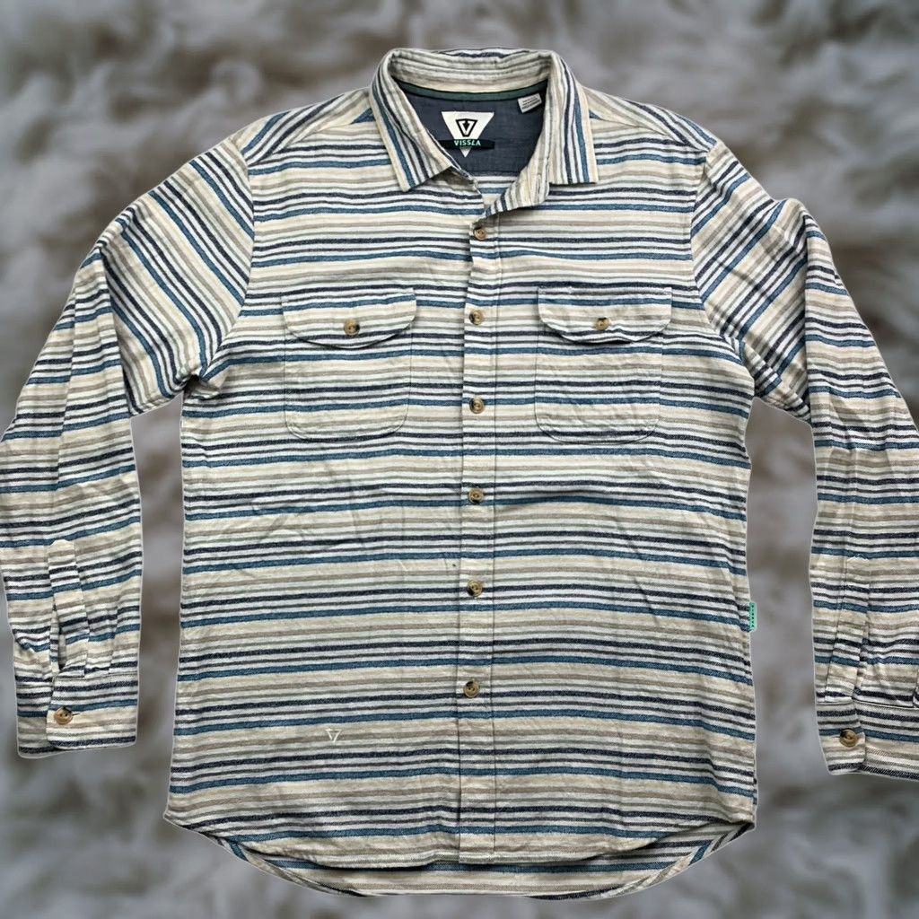 Vissla Vissla Button-Up Shirt Mens L/S Beige/Blue Stripe Medium Cotton 100% Long Sleeve Shirt Size US M / EU 48-50 / 2 - 1 Thumbnail