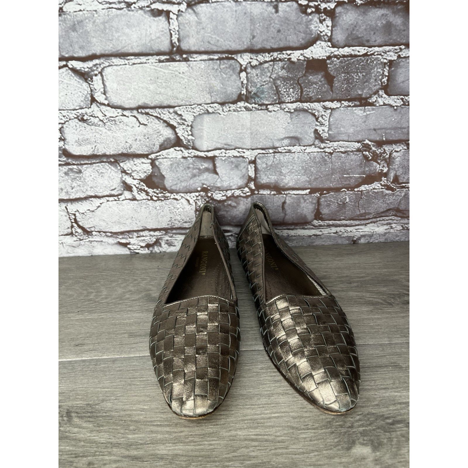Santoni Rangoni Firenze Pewter Silver Leather Woven Weaves Flats Wom Size US 8.5 / IT 38.5 - 1 Thumbnail