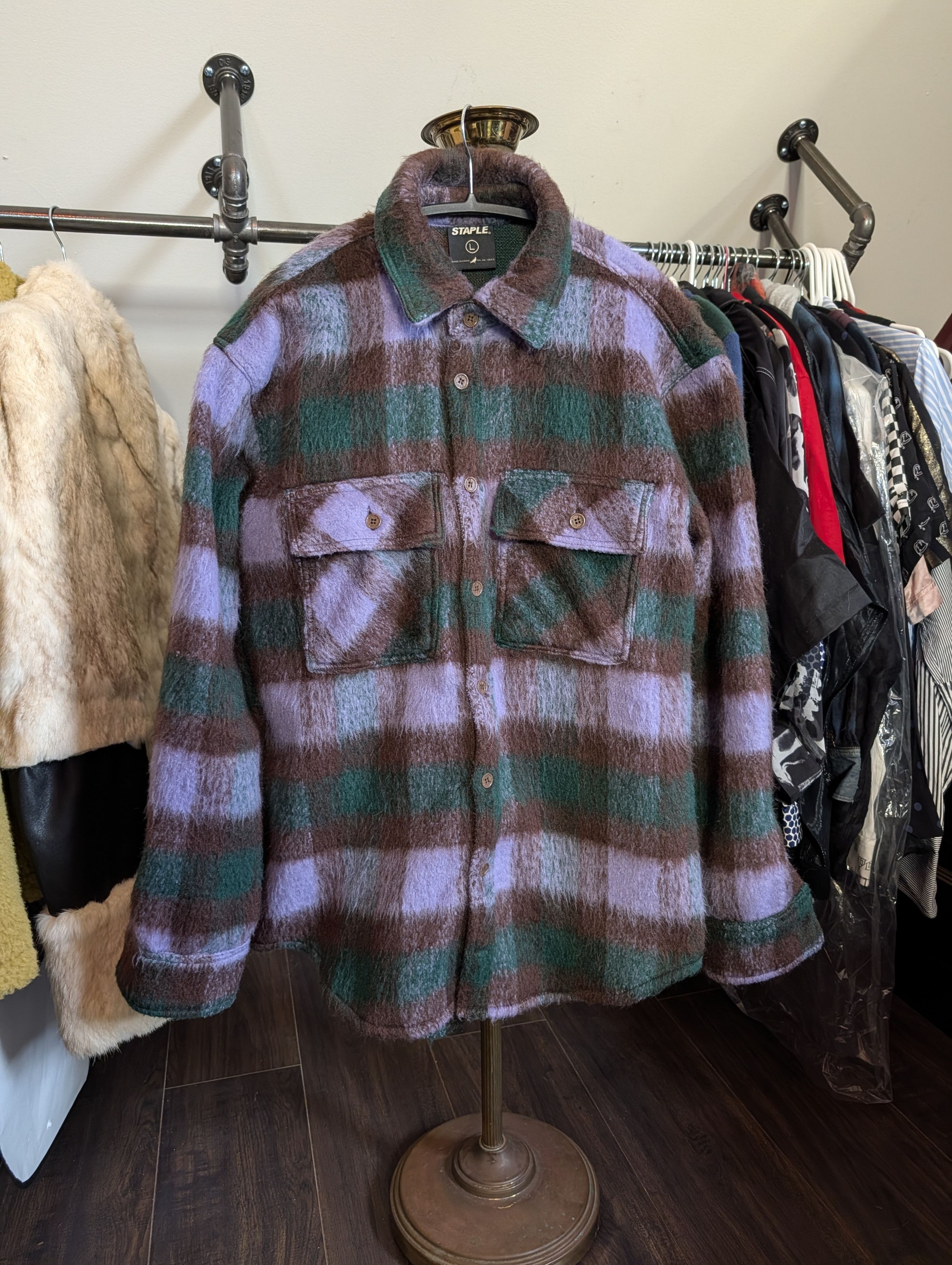 Staple Purple/Brown Plaid Fuzzy CPO Jacket sz L Size US L / EU 52-54 / 3 - 14 Thumbnail