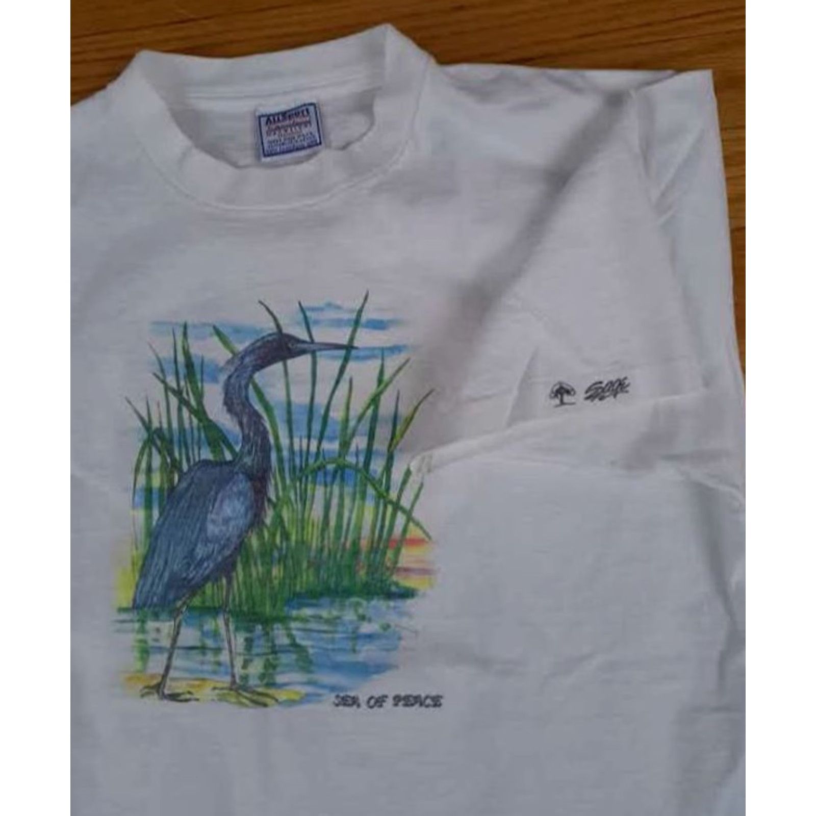 Vintage VINTAGE All Sport T-Shirt USA Crew Neck Short Sleeve Sea Bird Sea of Peace Stitch Men 44 White Cotton 27in long 20in chest Size US XXL / EU 58 / 5 - 2 Thumbnail