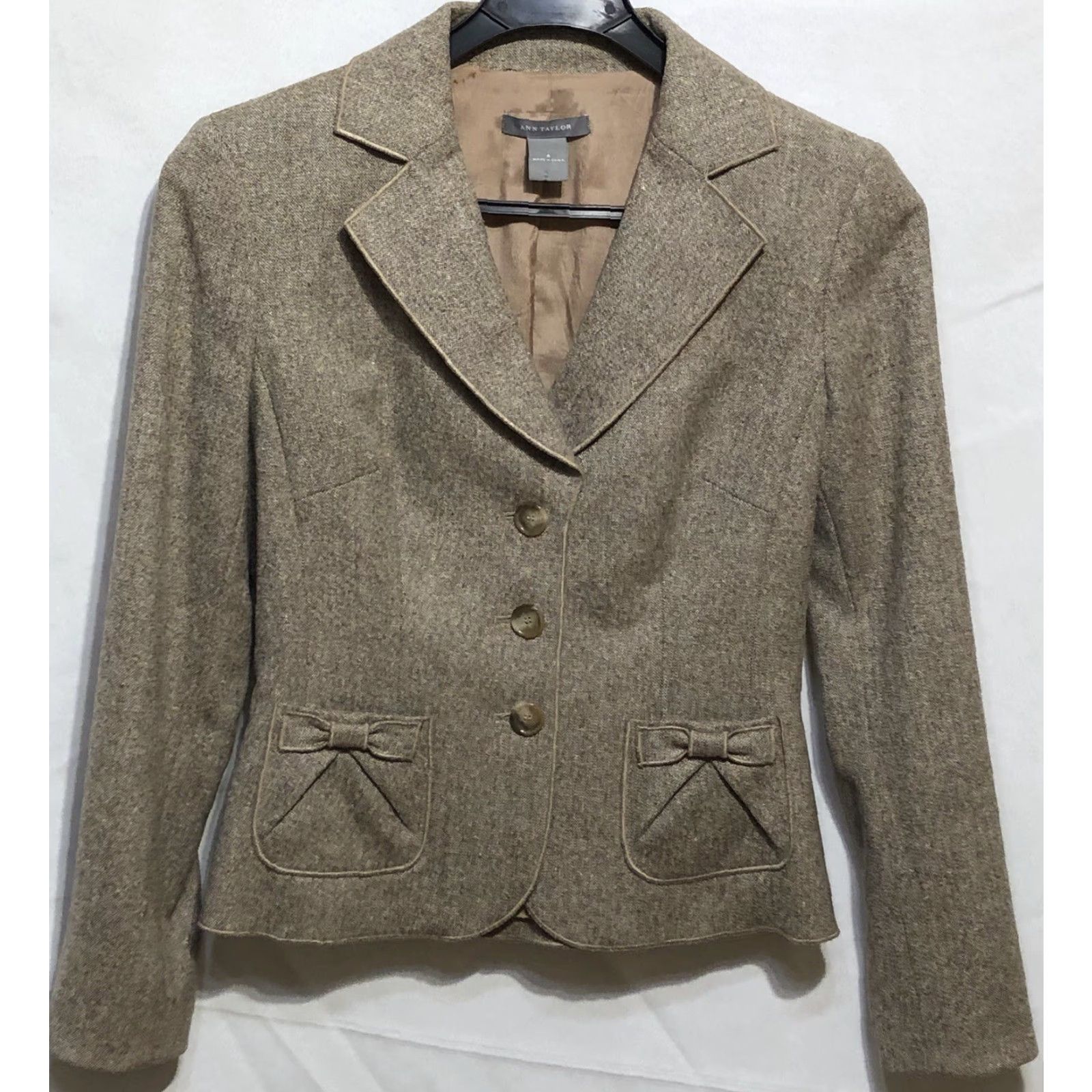 Ann Taylor VINTAGE Ann Taylor 2pc Blazer Jacket Pant Wool Suit 4 Lt Brown Bow Pockets Office Career Women Suit Size 27" / US 4 / IT 40 - 3 Thumbnail