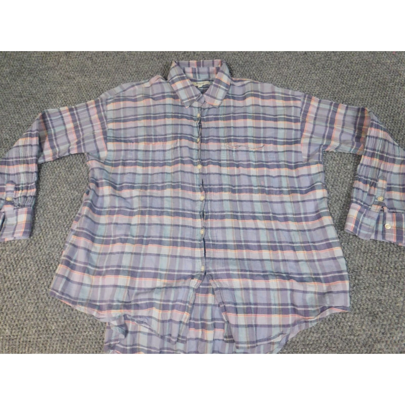 Madewell Madewell Womens Blouse Small Plaid Purple Button-Up Top Crew Neck Long Sleeve Casual Ruffle 100% Cotton Regular Women's Shirt Size S / US 4 / IT 40 - 4 Thumbnail