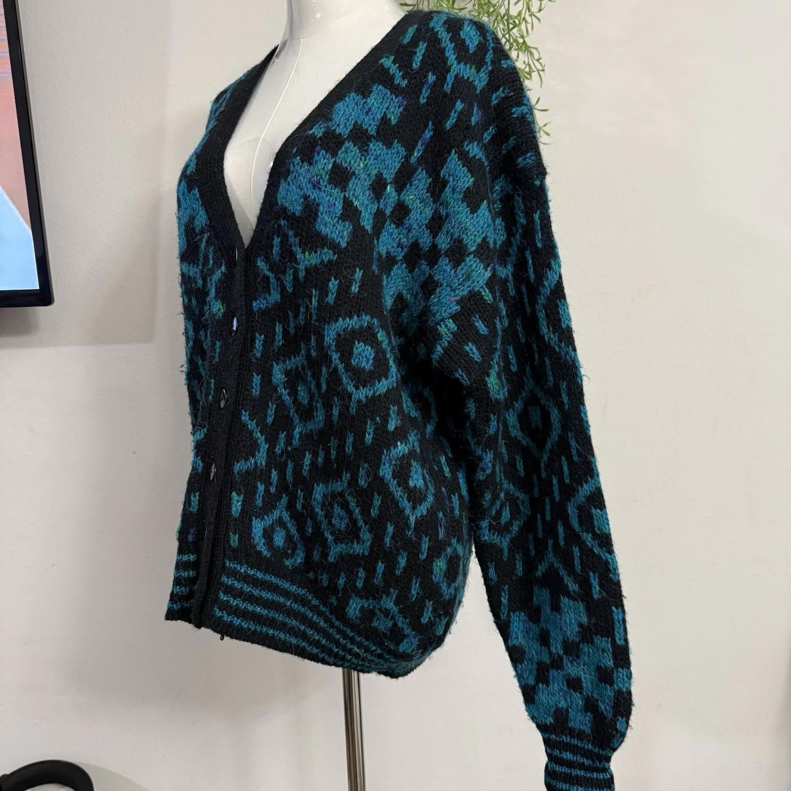 FABRIZIO DEL CARLO Fabrizio Abstract Boho Teal Western Cardigan Wool Size M / US 6-8 / IT 42-44 - 3 Thumbnail