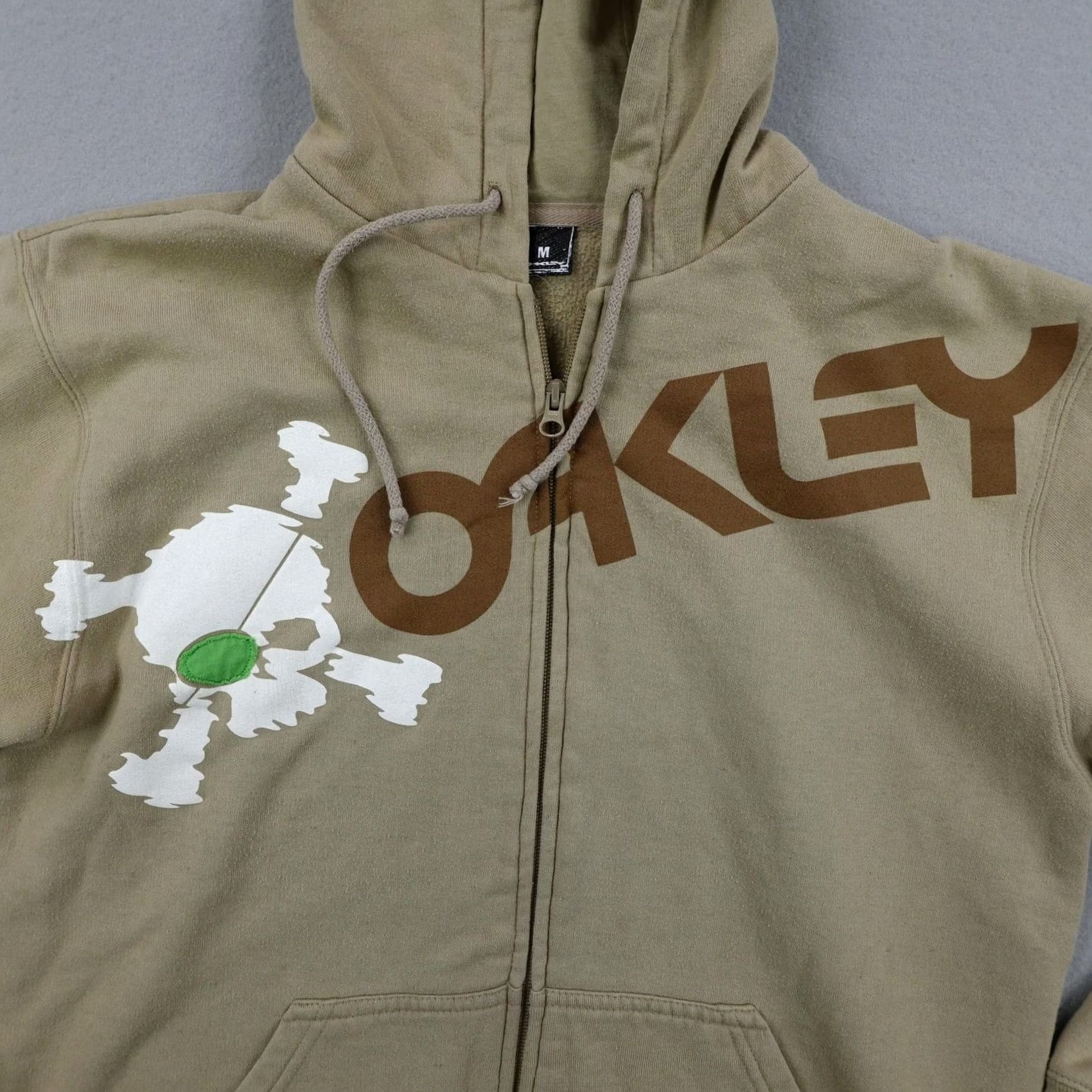 Oakley Oakley Hoodie Mens M Beige Tan Pirate Applique Skull Eyepatch Full Zip Hooded Pockets Sweatshirt Graphic Print Logo Size US M / EU 48-50 / 2 - 3 Thumbnail