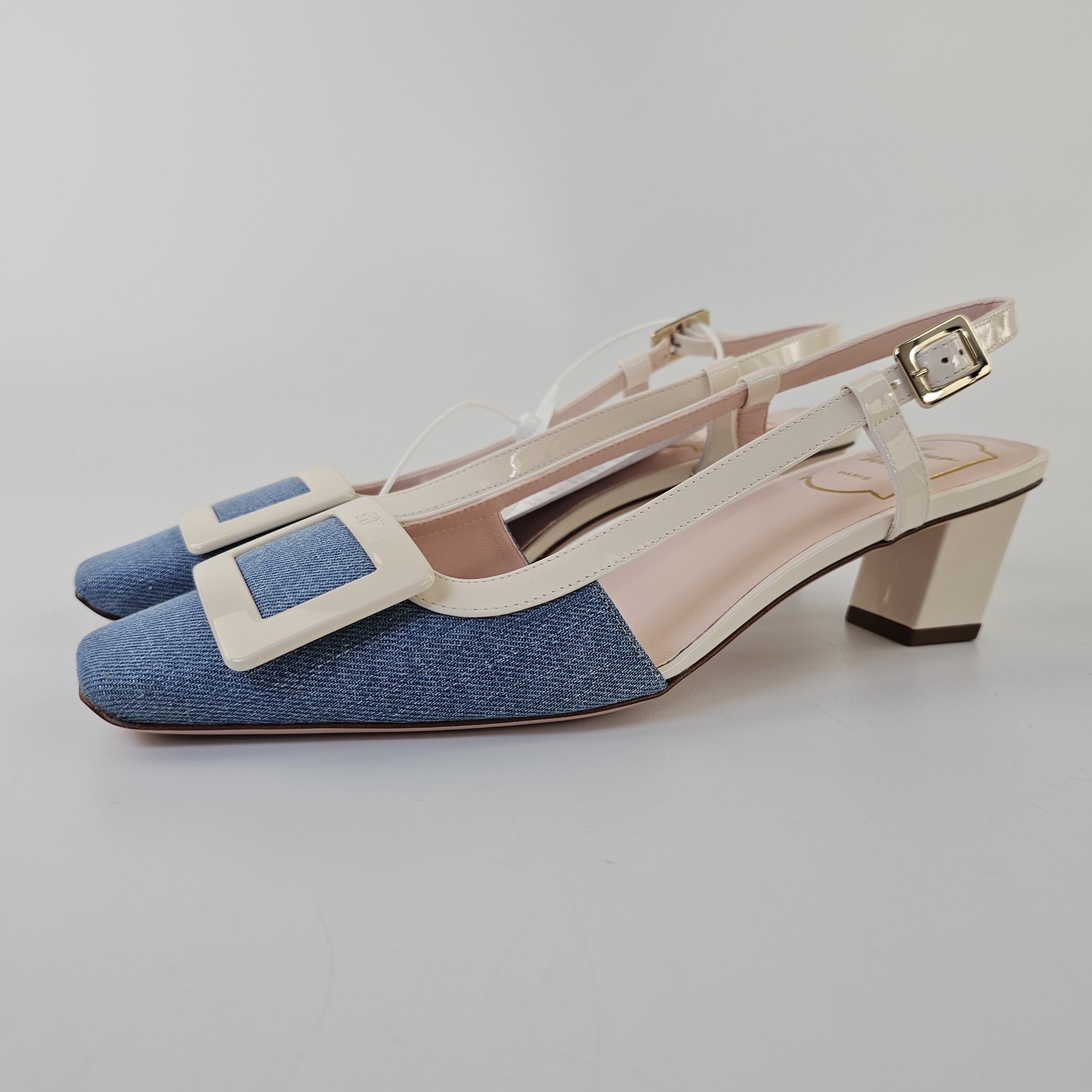 Roger Vivier Belle Vivier Beige/Blue 45mm Denim Pumps New