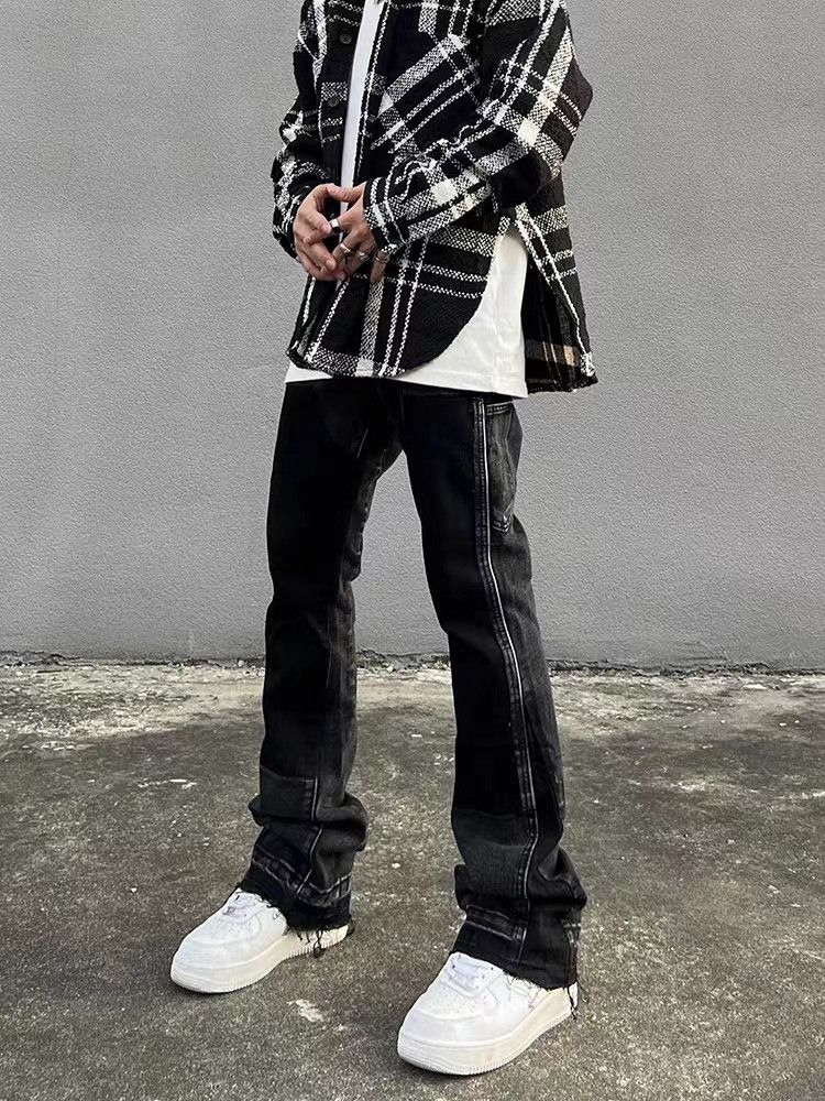Vintage washed distressed straight-leg bootcut jeans