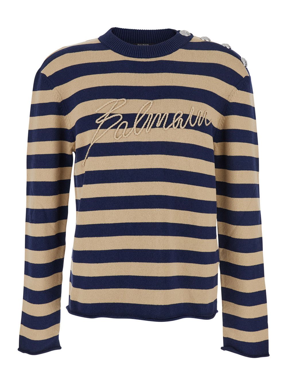 Balmain Blue Crewneck Sweater with Logo Lettering on the Front and All-Over Striped Motif in Wool Woman Size US XL / EU 56 / 4 - 1 Thumbnail