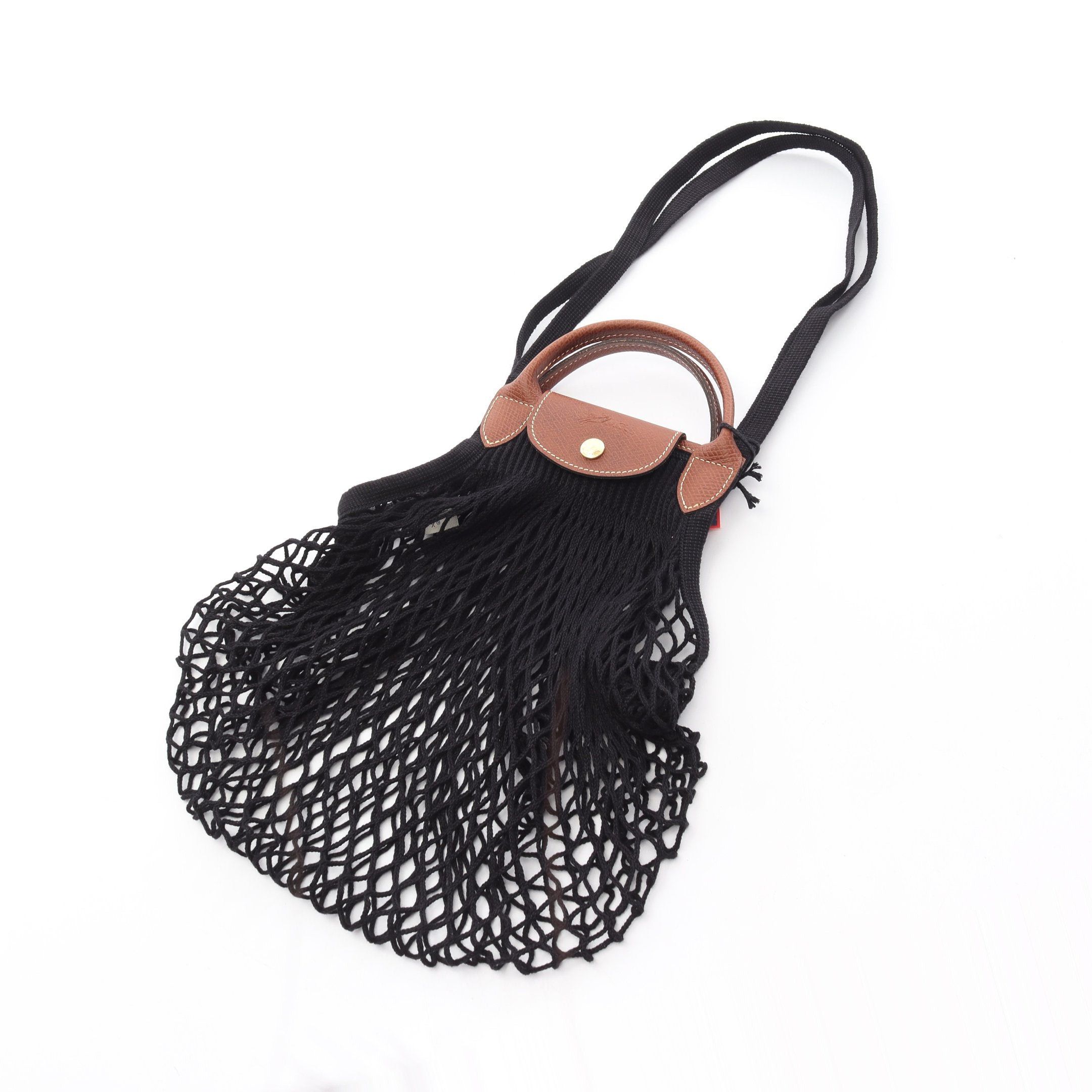 Longchamp Le Pliage Filet Preage Shoulder Bag Cotton Leather Black Brown, Women's
