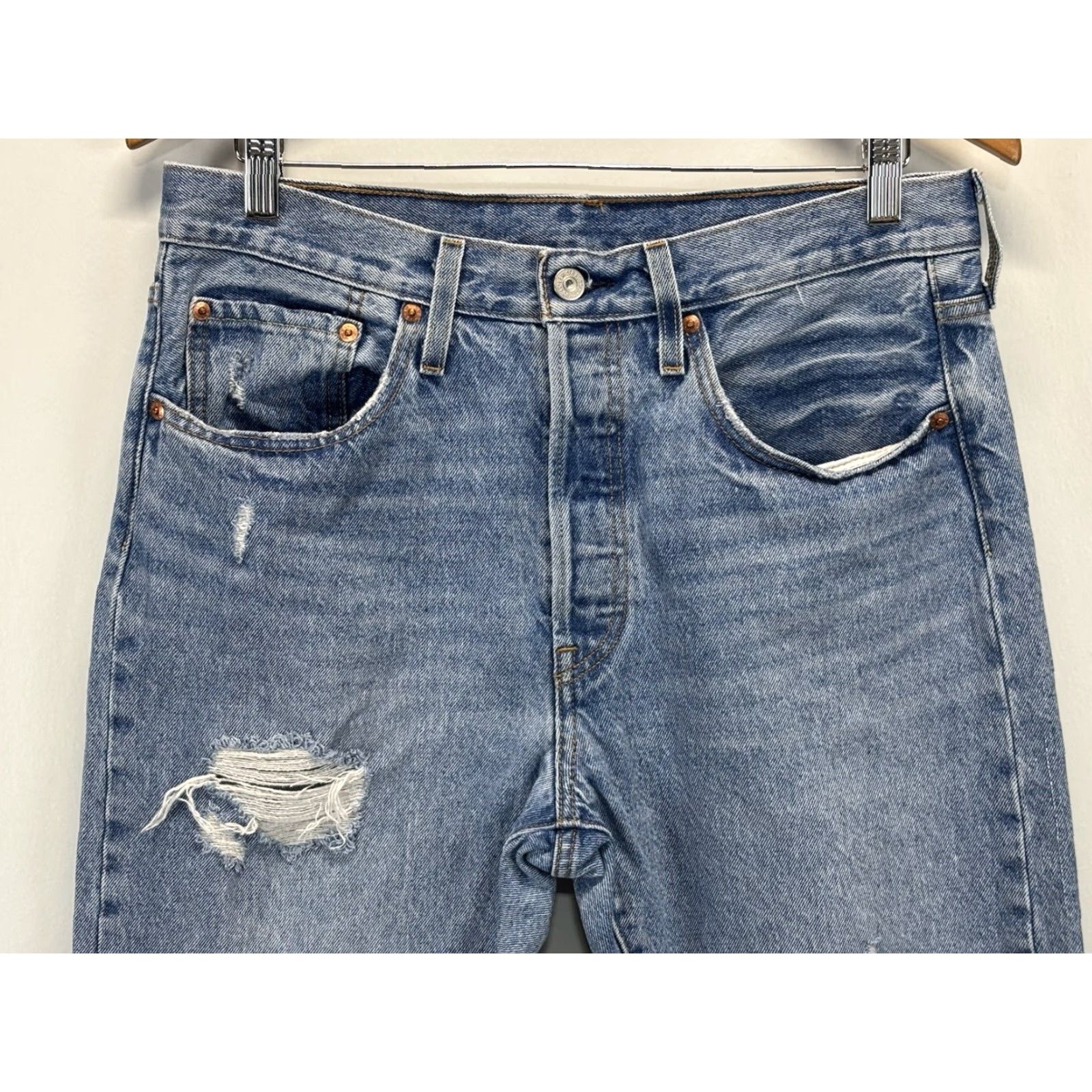 Levi's Levi's 501 Premium Straight Jeans Womens 31x28 Blue Denim Distres Button Fly 100% Cotton Pockets Size 31" - 2 Thumbnail