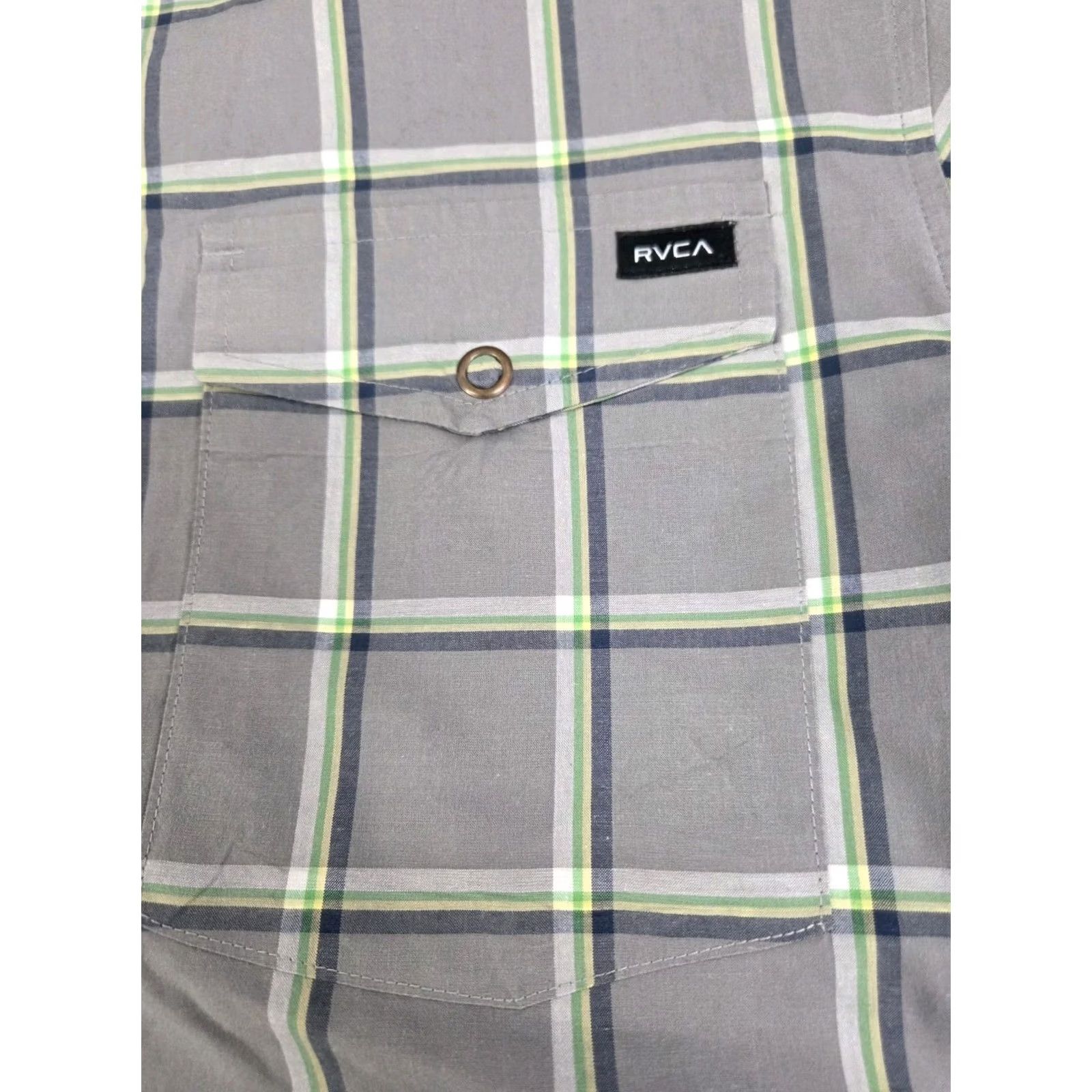 RVCA RVCA Mens Short Sleeve Snap Grey/Green Checkered Shirt Size Large Cotton #7791 Size US L / EU 52-54 / 3 - 6 Thumbnail