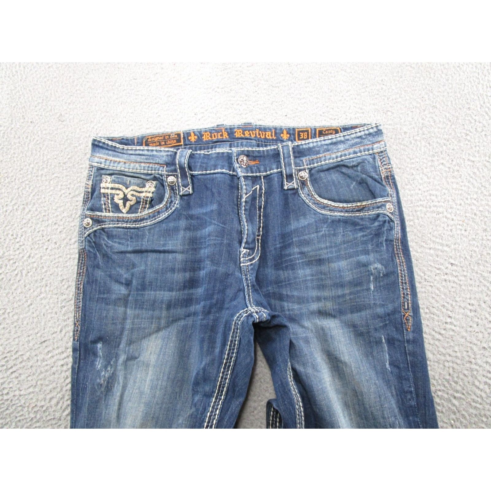 Vintage Rock Revival Jeans Casey Men's 38x33 Distressed Embordered Denim Thick Stitch Size US 38 / EU 54 - 5 Thumbnail