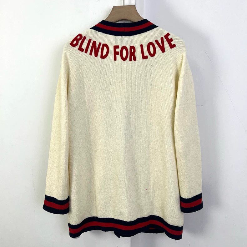 Gucci Red and blue striped double G pearl button knitted ca