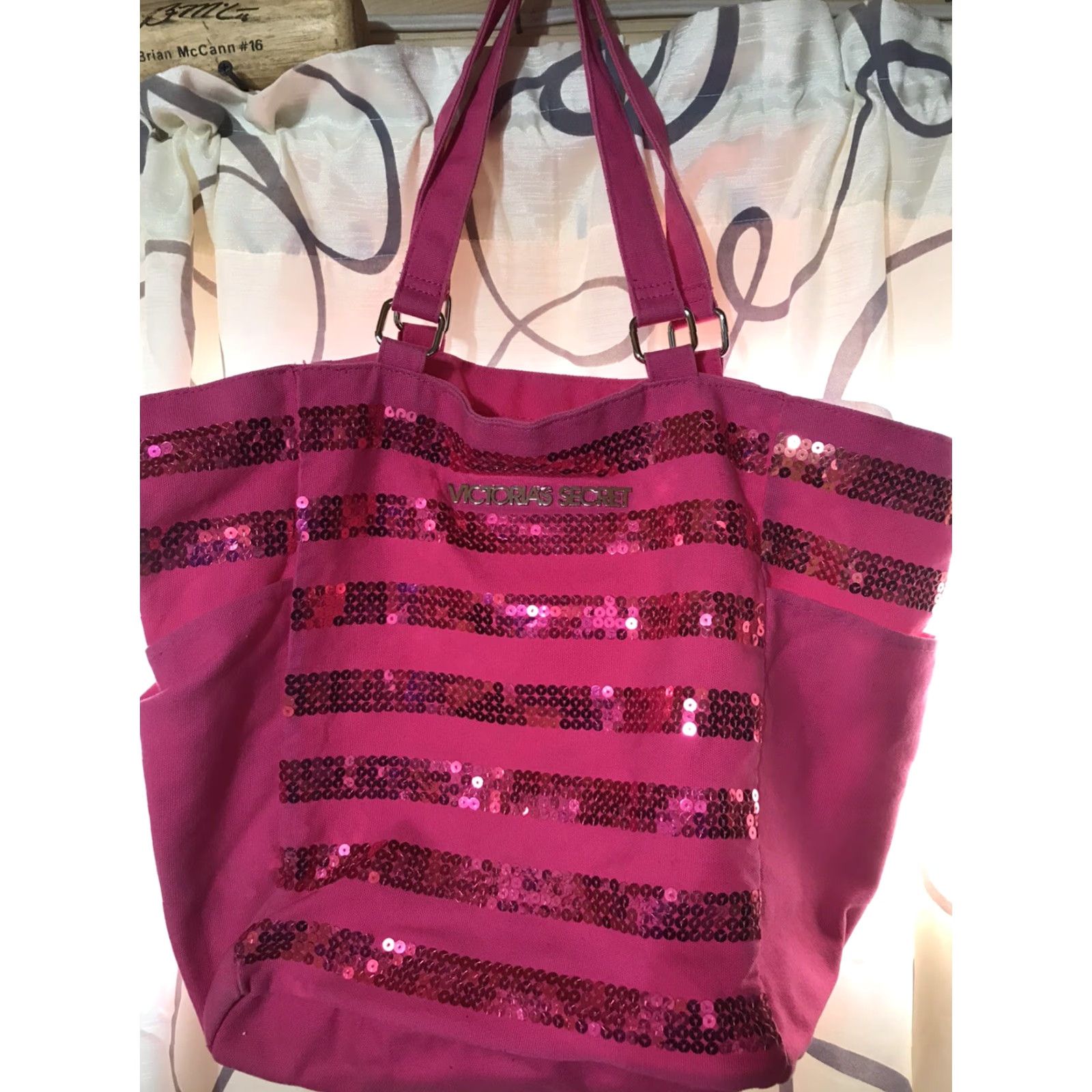 Victoria's Secret VINTAGE Victoria's Secret XL Pink Tote Bag with Sequined Detail, Lightweight Canvas, Women's Size ONE SIZE - 3 Thumbnail