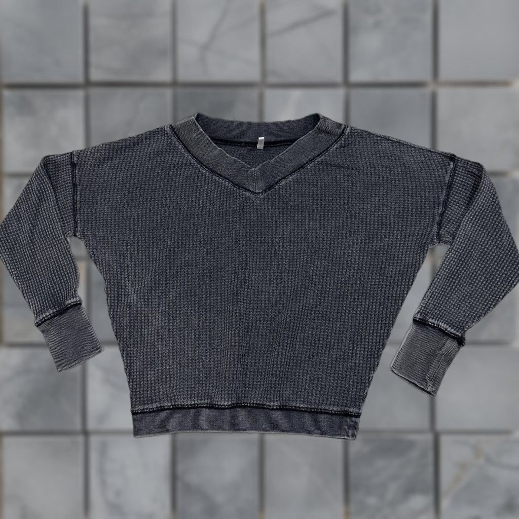 Z Supply Z Supply Shirt Womens XS Gray Cropped Long Sleeve V Neck Waffle Knit Oversized Size XS / US 0-2 / IT 36-38 - 1 Thumbnail