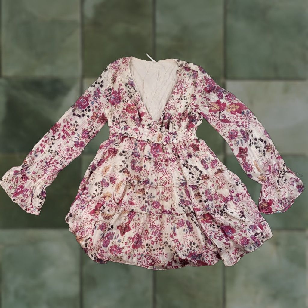 Free People Free People Cream Combo Dress Womens Medium Pink Smocked Waist Sheer Sleeve Size M / US 6-8 / IT 42-44 - 1 Thumbnail