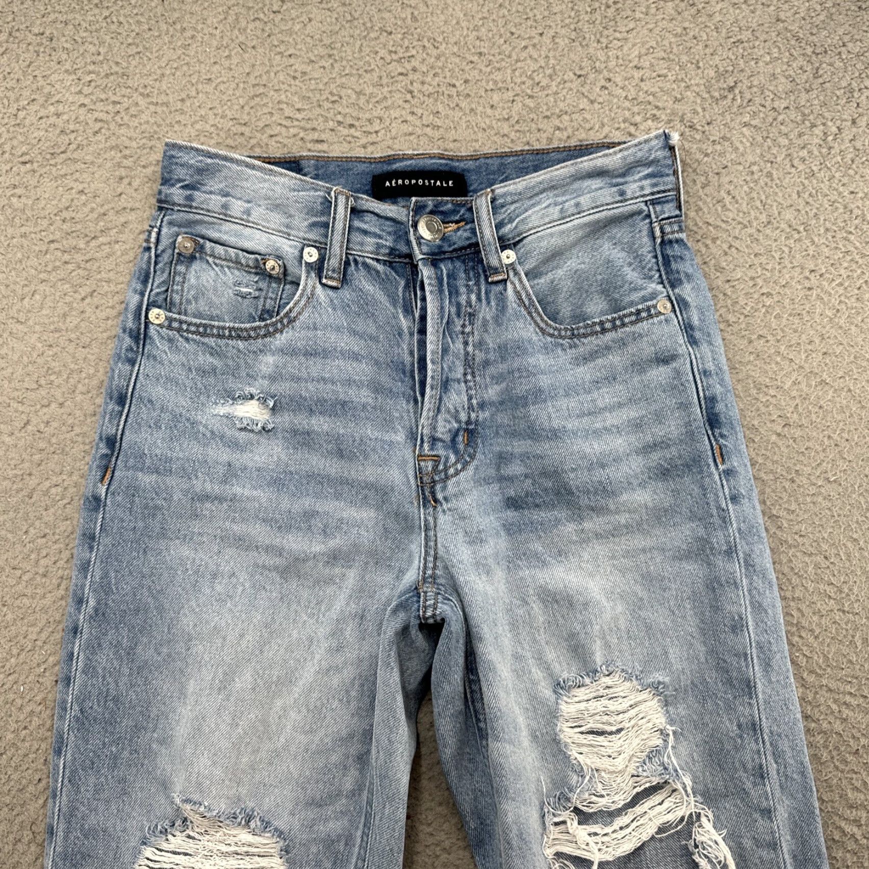 Vintage Aéropostale Jeans Women High Rise Straight Distressed Button Fly Size 0 Blue Denim Stretch 5-Pocket 90s Theme Size 25" / US 0 / IT 36 - 3 Thumbnail