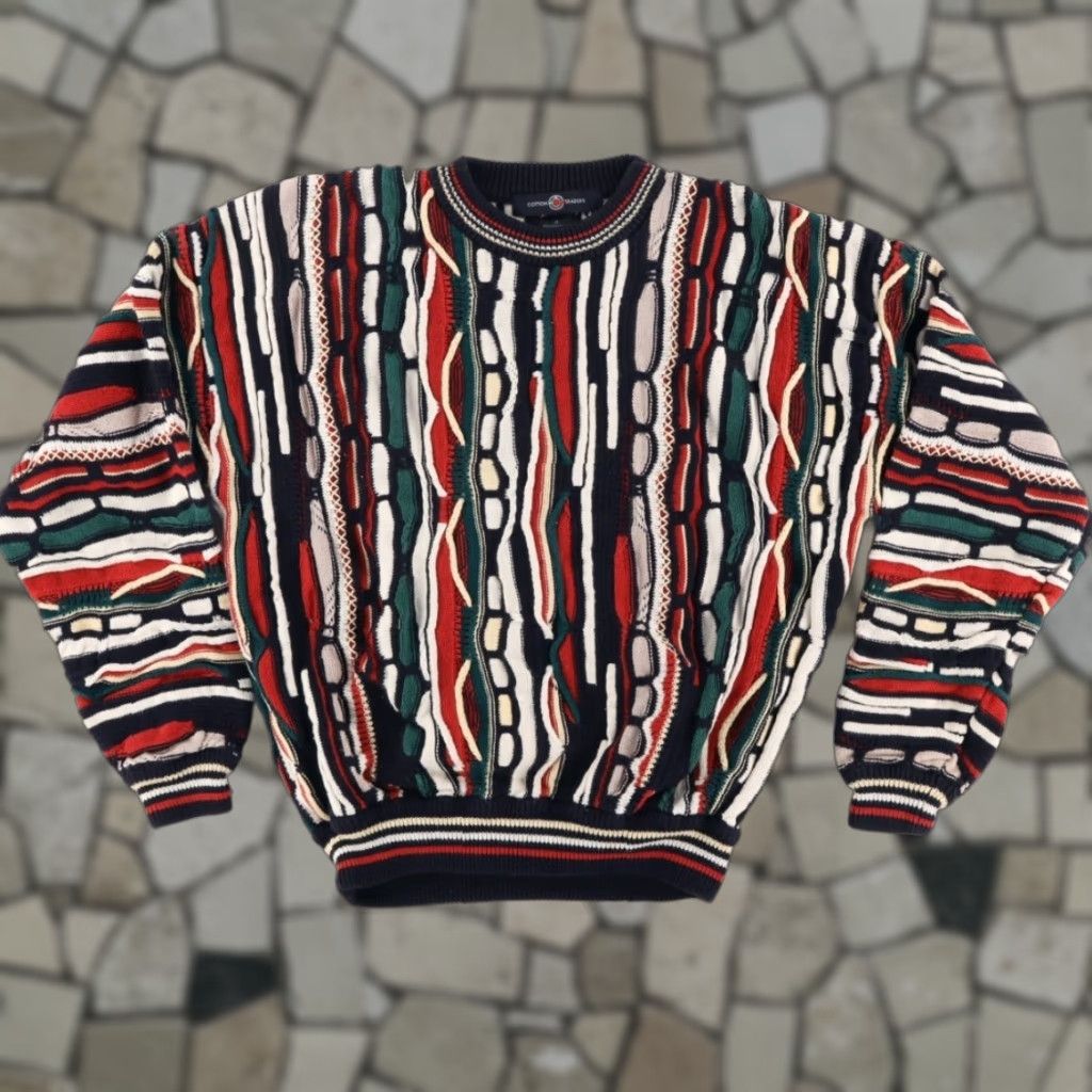 VINTAGE Cotton Traders Cosby 3D Knit Striped Sweater Shirt Men M Multi-Colored Cosby 3D Knit Striped Crew Neck Relaxed Fit Vintage Mens Shirt