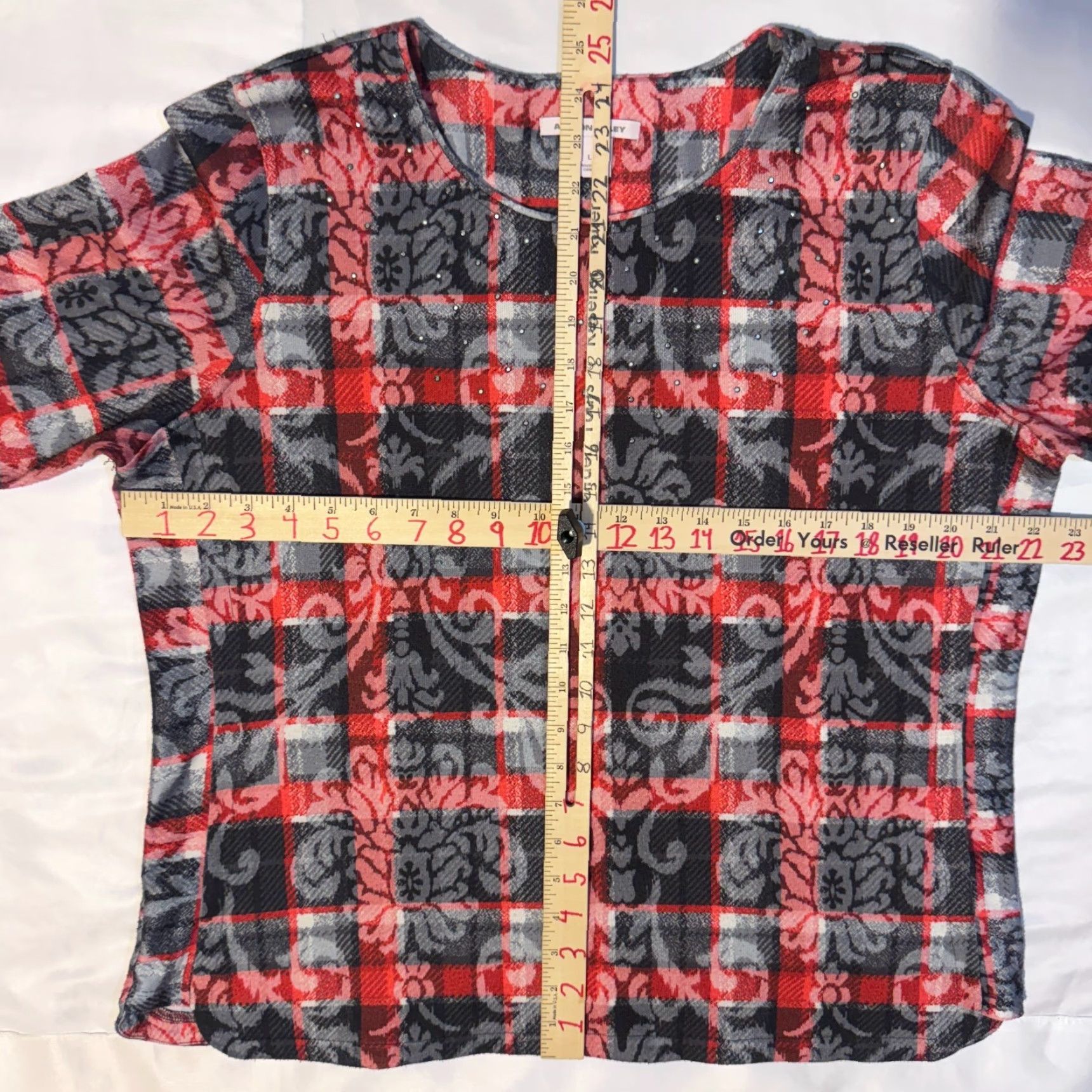 Vintage Allison Daley T-Shirt Knit Plaid Paisley Rhinestone Tunic Top L Red Casual Logo 3/4 Sleeve Cotton Polyester Modern Womens Regular Size L / US 10 / IT 46 - 6 Thumbnail
