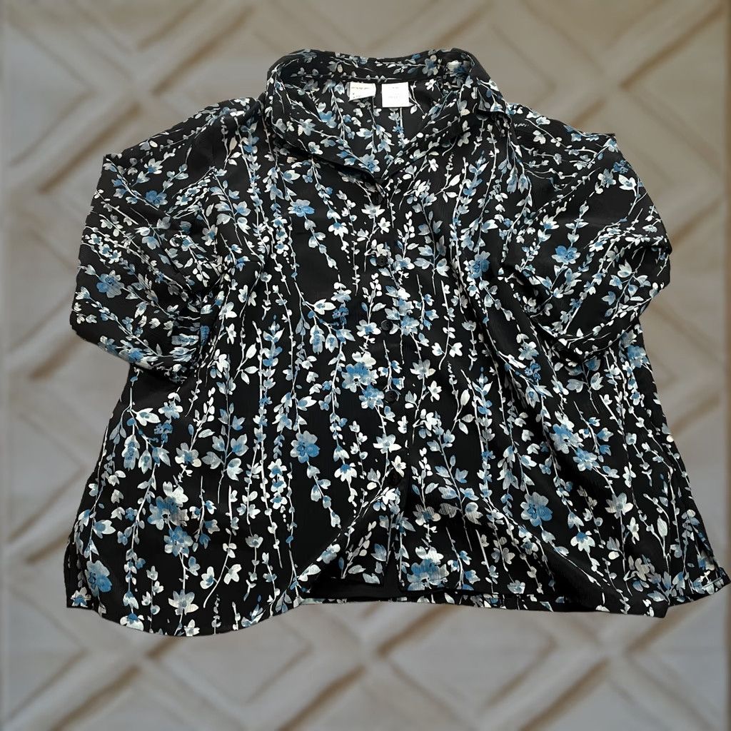 Vintage JMS Just My Size Button Up Shirt Womens 2X 18W-20W Black Blue Floral Top Shirt Size XXL / US 16-18 / IT 52-54 - 1 Thumbnail