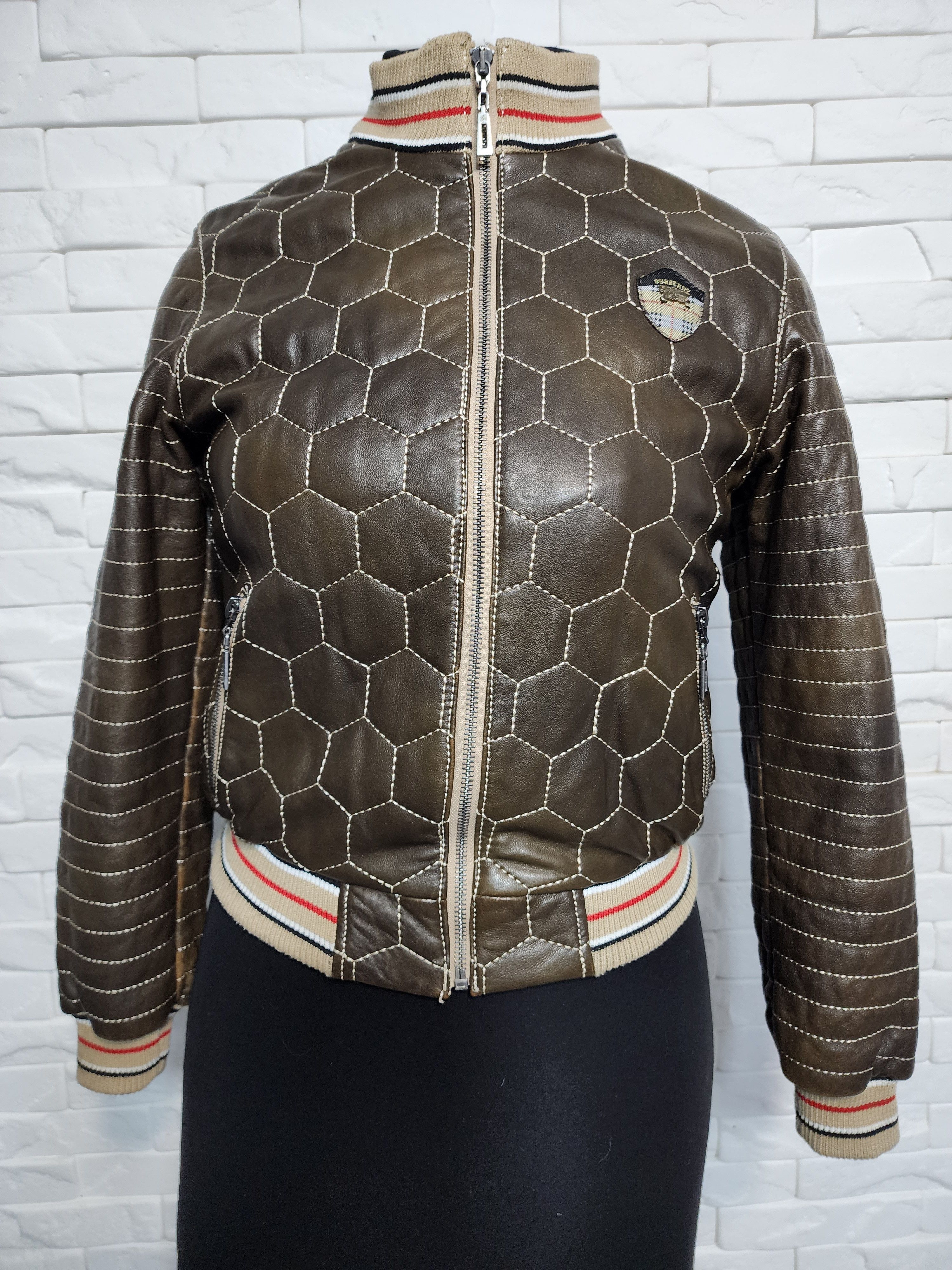 Uniqlo Brown Leather Jacket: Women's Zip-Up Bomber with Knit Trim Size XS / US 0-2 / IT 36-38 - 1 Thumbnail