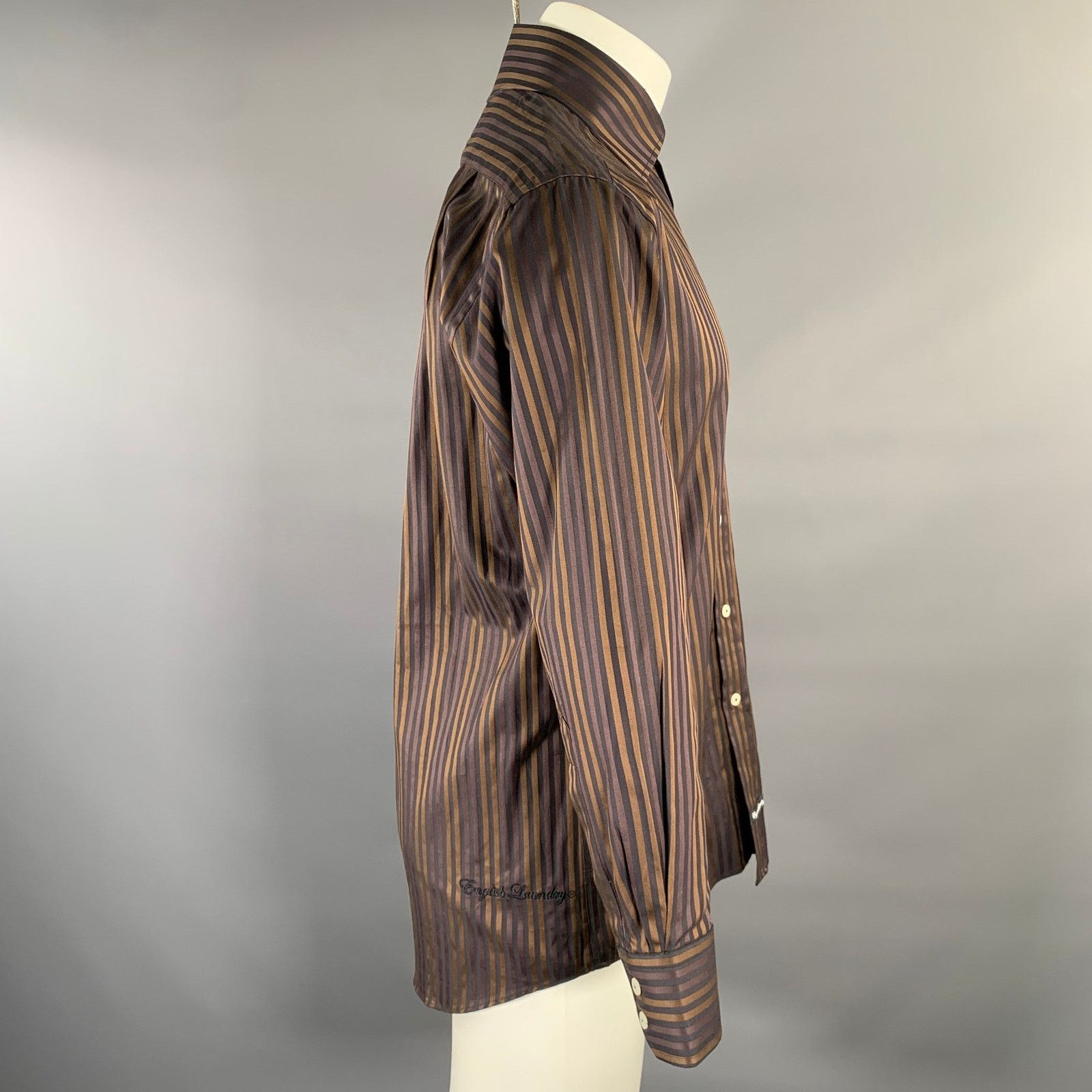 English Laundry S Brown Black Stripe Cotton Spread Collar L/S Shirt Size US S / EU 44-46 / 1 - 3 Thumbnail