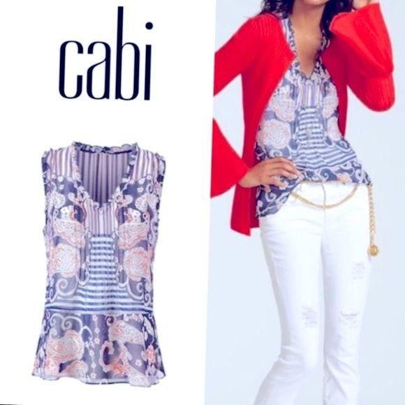Other Cabi S Blue Paisley Stripe Top Sleeveless Sheer Peplum 5349 Size S / US 4 / IT 40 - 1 Thumbnail