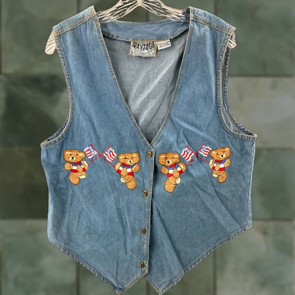 Denime VINTAGE Way To Go Denim Vest Womens Medium Teddy Bear Embroidered Denim Vest 80s Theme Womens Medium Blue Embroidered 80s Animals Mens Womens Size M / US 6-8 / IT 42-44 - 1 Thumbnail
