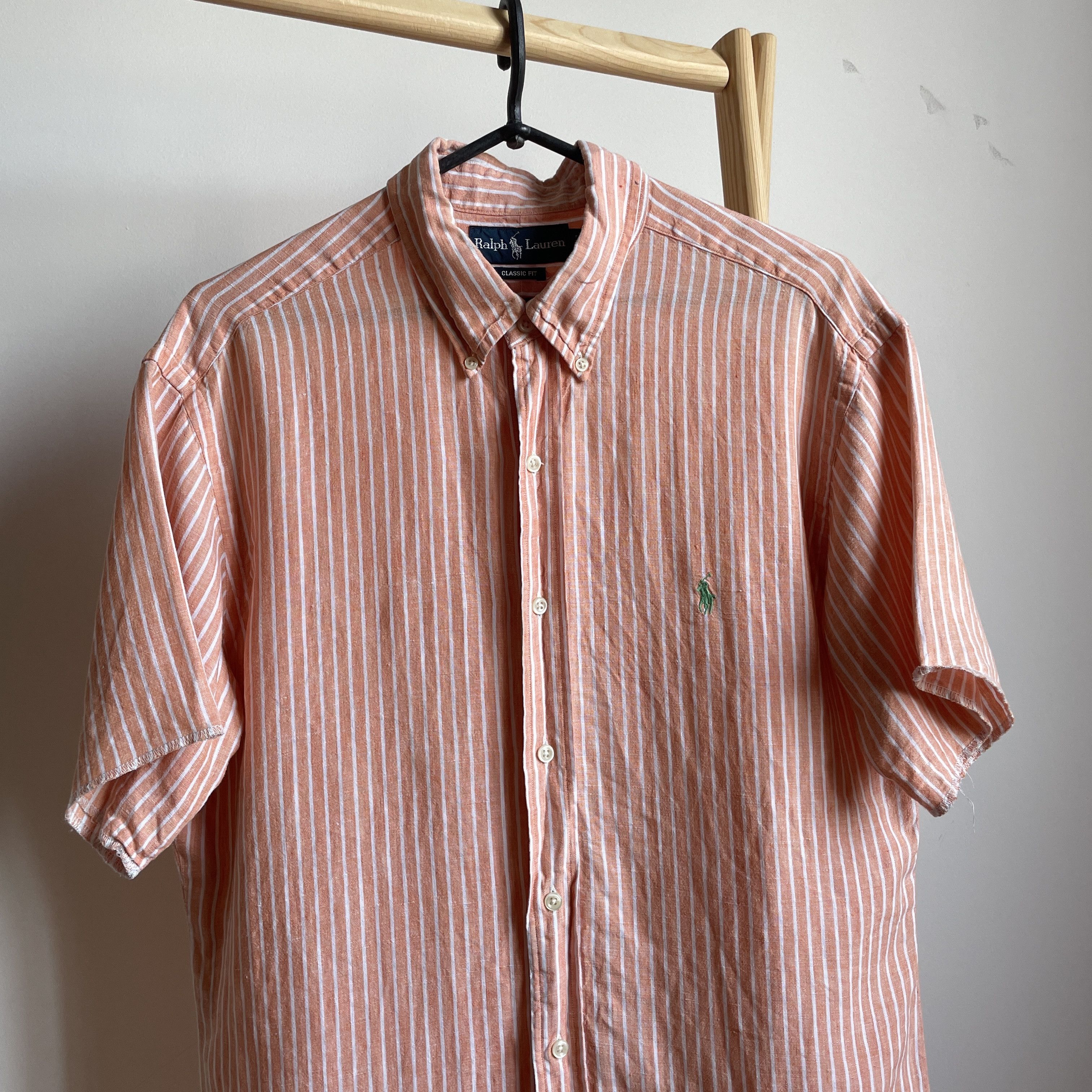 Polo Ralph Lauren Polo Ralph Lauren Vintage Salmon Striped S/S Linen Shirt Size US L / EU 52-54 / 3 - 3 Thumbnail