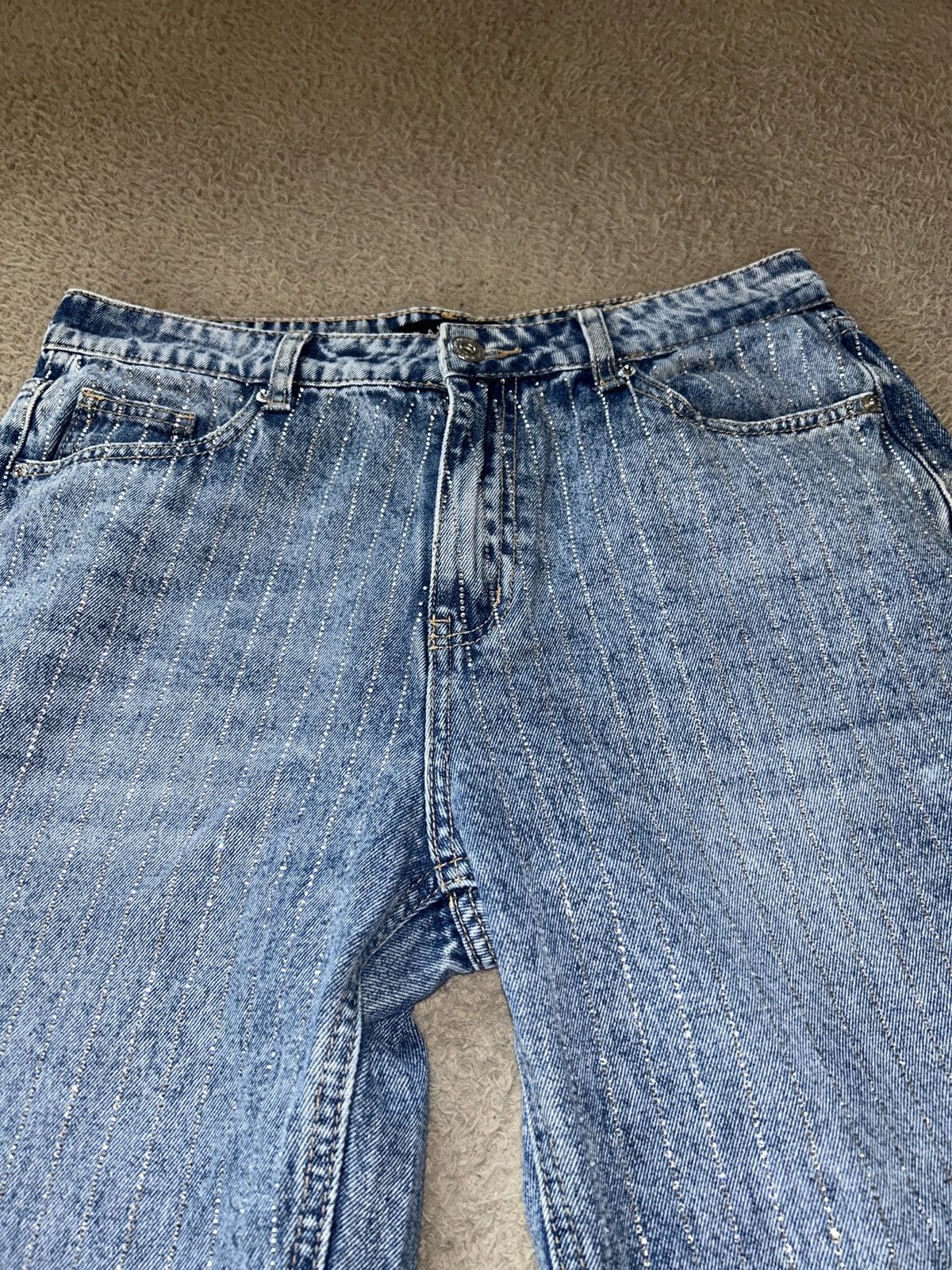 Other ✨ UNISEX AMISU – Crystal Rhinestone Pinstripe Wide Leg Jeans Size 34" / US 12 / IT 48 - 3 Thumbnail