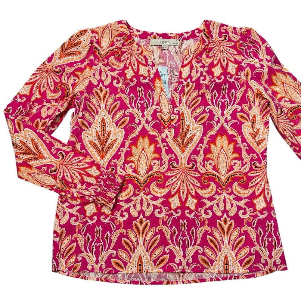 Loft NWT New LOFT Paisley Smocked Cuff V-Neck Cotton Blend Blous Size XS / US 0-2 / IT 36-38 - 6 Thumbnail