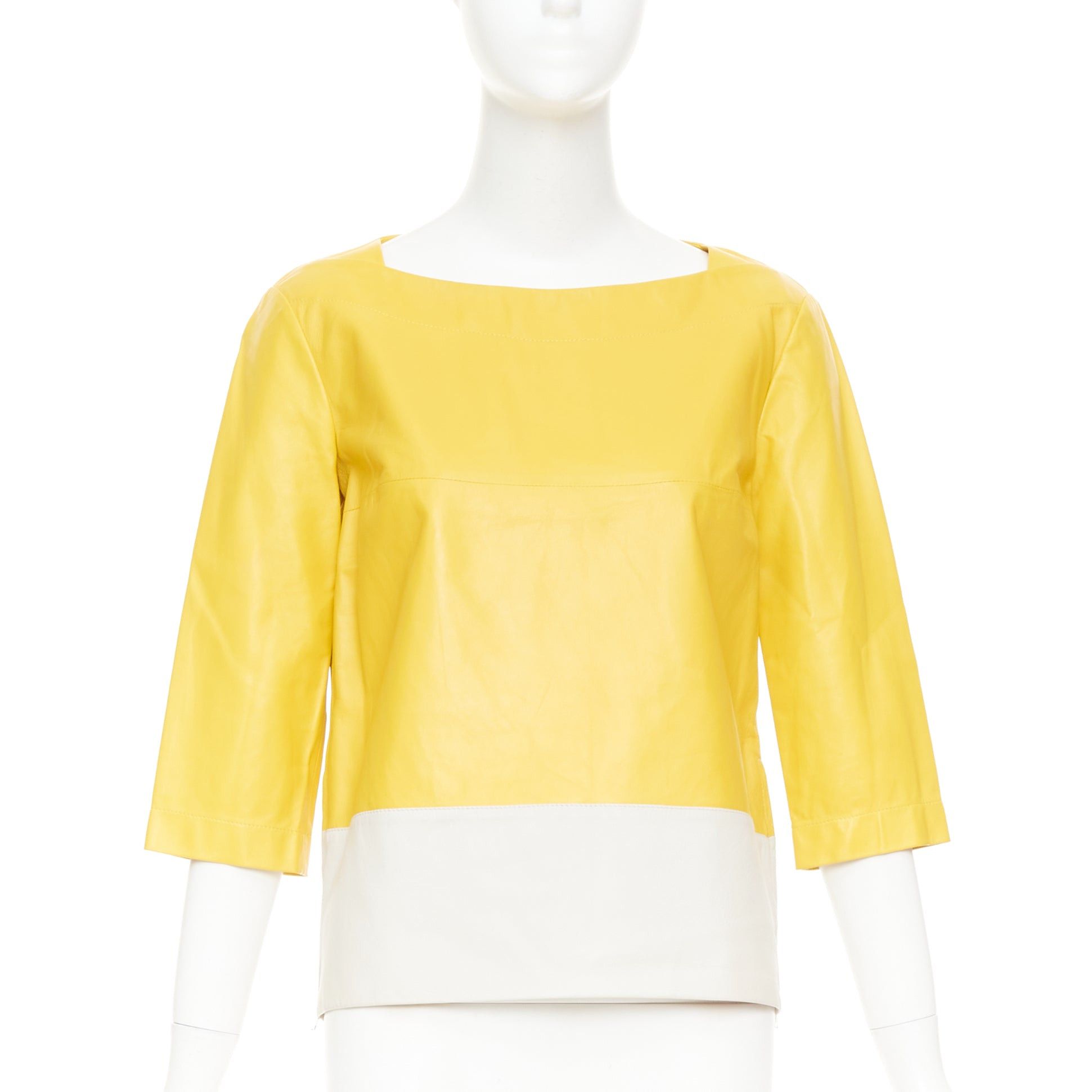Marni MARNI 2014 yellow off-white lambskin leather colorblock boat neck top IT38 XS Size XS / US 0-2 / IT 36-38 - 1 Thumbnail