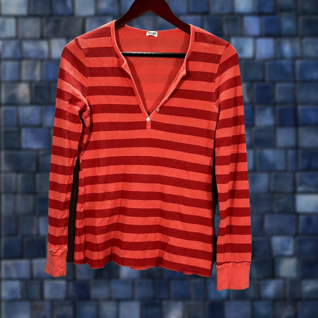 Splendid Splendid Womens XL Orange Striped Cotton Blend Knit Long Sleeve Tee Pullover Shirt V-Neck Top Size XL / US 12-14 / IT 48-50 - 1 Thumbnail