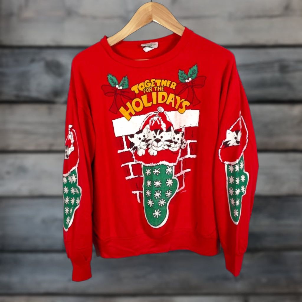 Vintage VINTAGE BJ Frog 80s Christmas Kittens Sweatshirt Women's Large Red Holiday Cat Print Pullover Size L / US 10 / IT 46 - 1 Thumbnail
