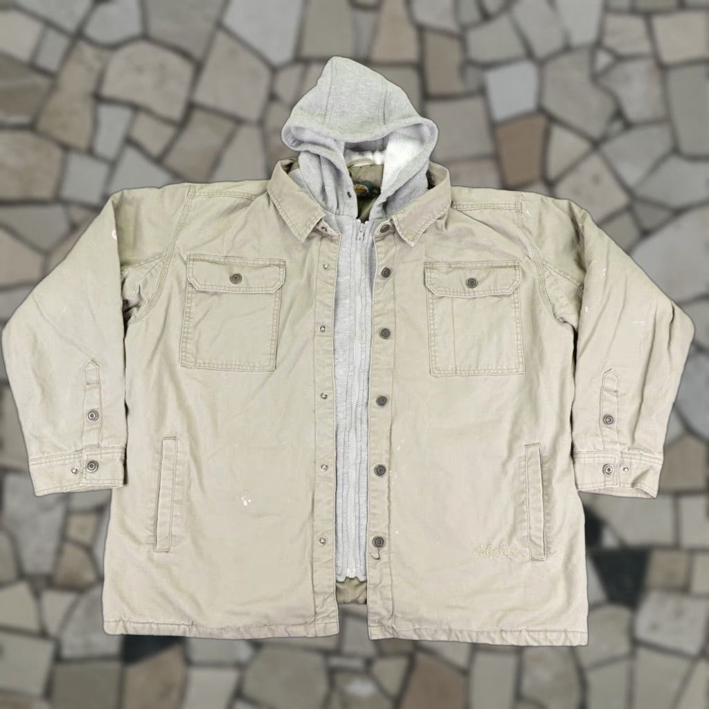 Cabela's Jacket Mens XL Khaki Tan Quilted Hooded Insulated Lined Pockets Full Zip Snap Workwear Canvas Coat