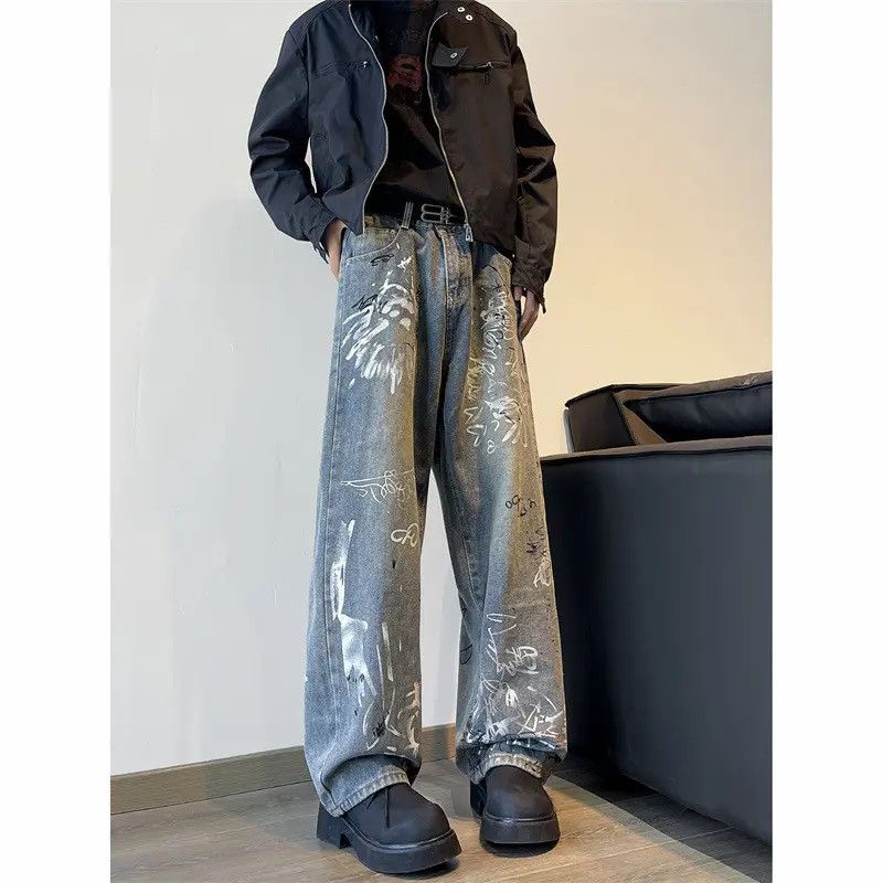 Japanese Brand Retro loose wide leg graffiti printed jeans Size US 30 / EU 46 - 1 Thumbnail