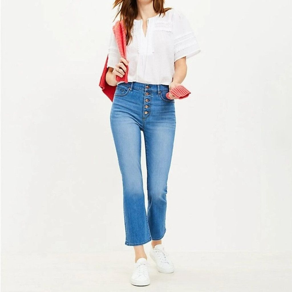 Loft LOFT Kick Crop Button Fly Jeans Indigo Flare High Rise 26/2 Size 26" / US 2 / IT 38 - 1 Thumbnail