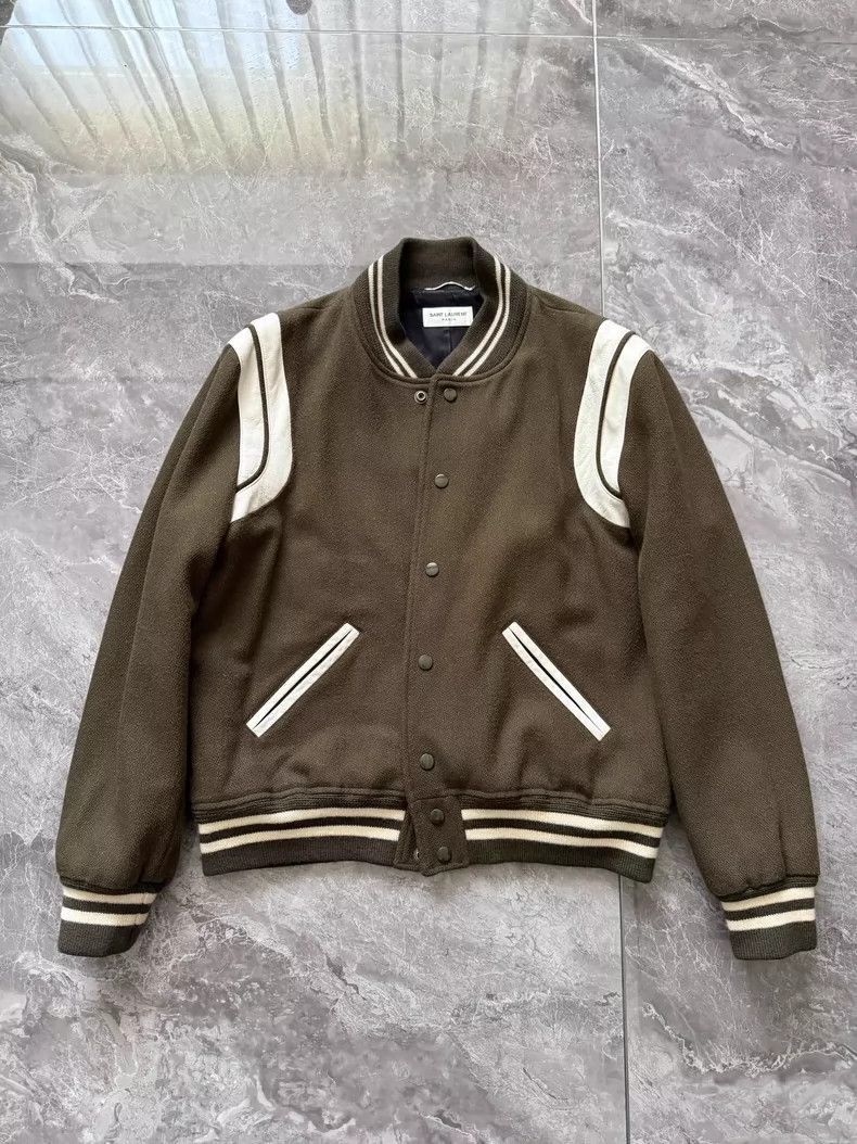 Saint Laurent Paris Saint Laurent Olive Wool Varsity Jacket- Size US L / EU 52-54 / 3 - 1 Thumbnail